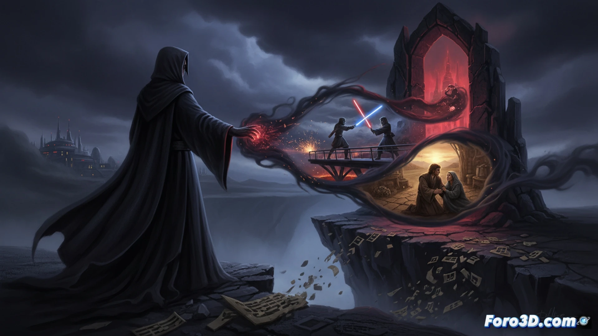 La imagen muestra a Darth Maul con sable rojo, junto a Anakin joven y sombras de Vader, mientras la pieza Duel of the Fates brilla en el fondo.
