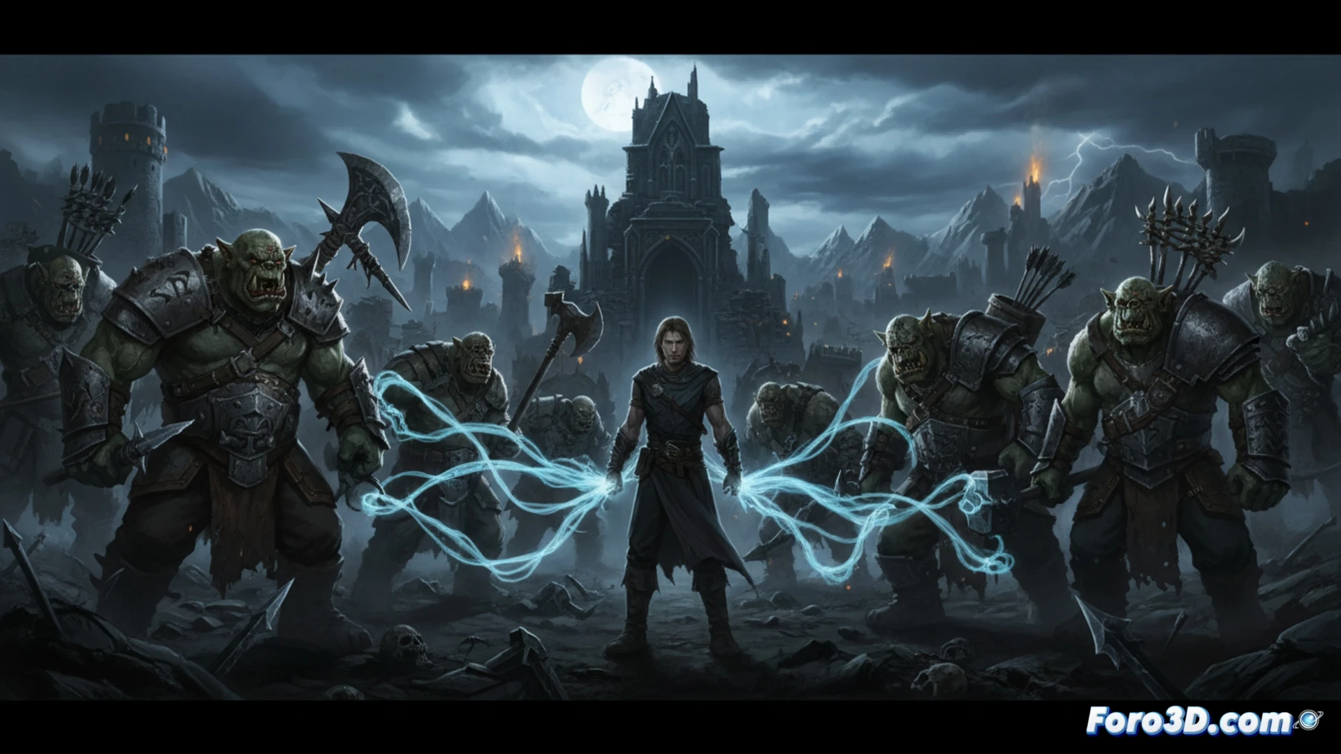 Talión y Celebrimbor sobre una colina de Mordor, con uruks némesis al fondo, uno con cicatrices y armadura única, sol rojo y torres negras.