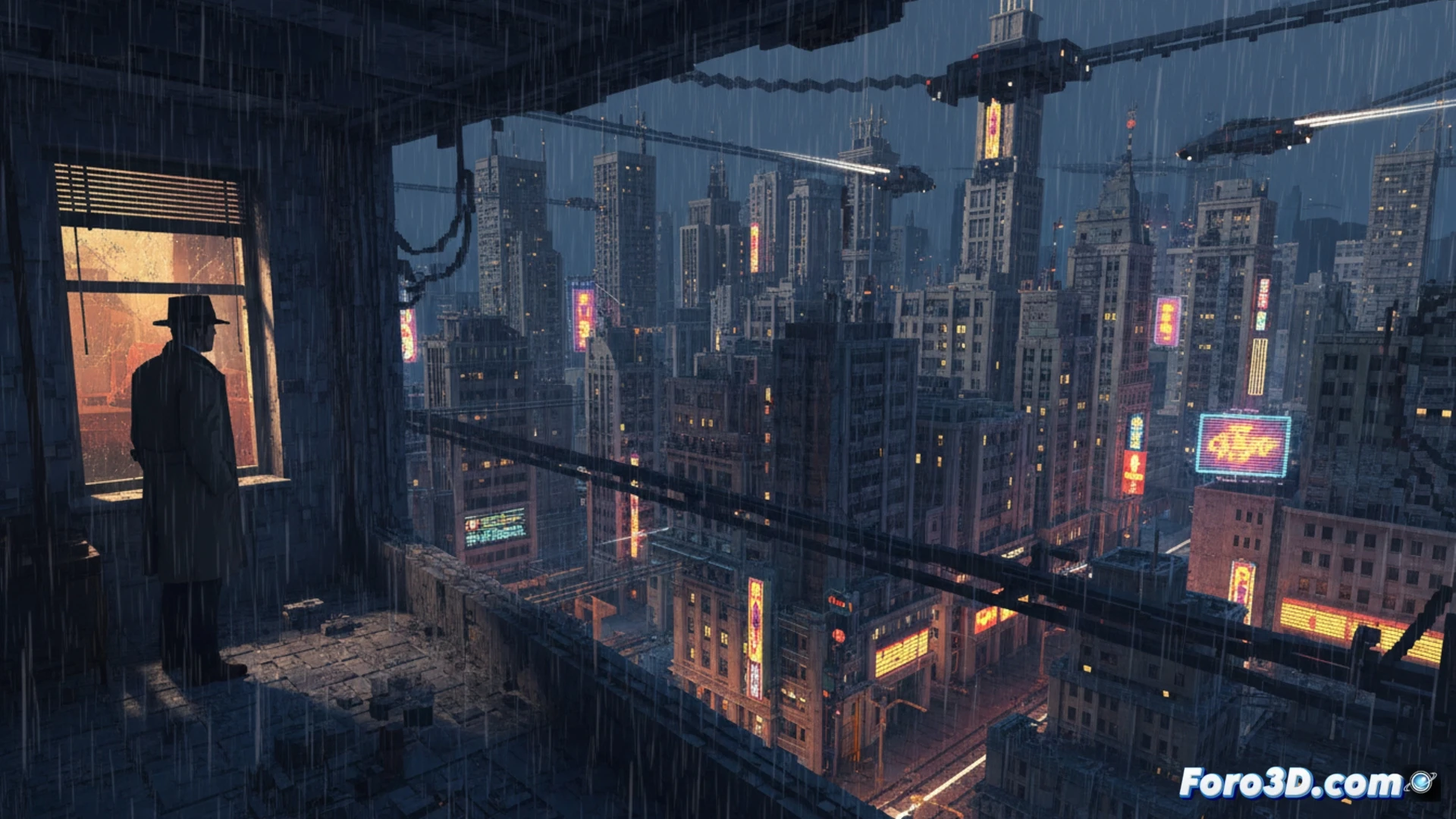 Ciudad procedural voxel noir con lluvia e iluminación dinámica en Shadows of Doubt para Unity