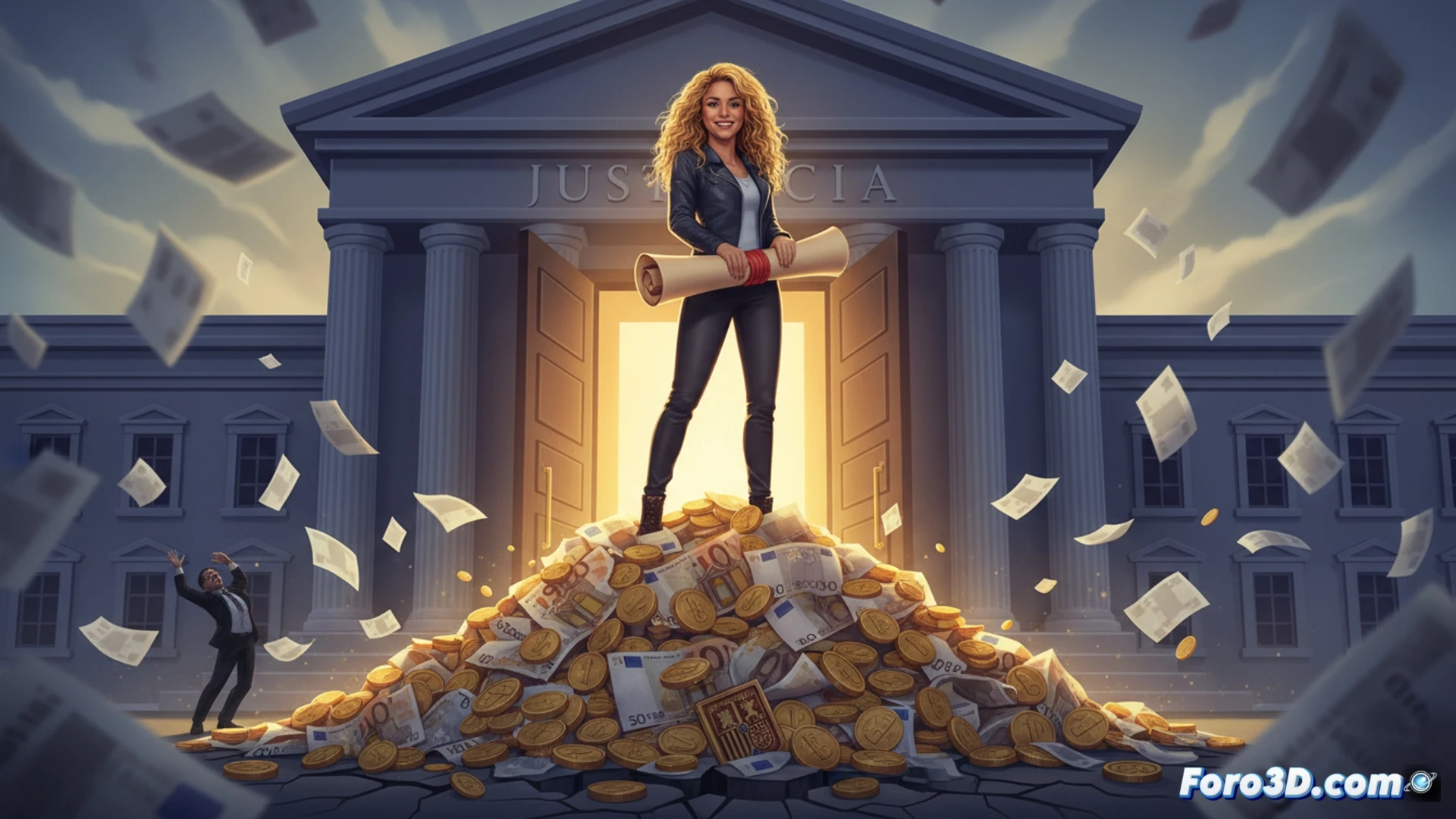 photorealistic courtroom scene, judge's gavel striking wooden block mid-air, floating legal documents with tax codes and fiscal residence clauses highlighted in glowing blue, digital scale of justice tilting heavily toward a microphone labeled with tax authority emblem, shattered coin stacks of 60 million euros scattering across polished marble floor, cinematic technical illustration, dramatic side lighting from tall windows casting long shadows, legal briefs with detailed financial charts partially unrolled, empty lawyer chairs with leather upholstery, professional legal atmosphere, ultra-detailed textures on wood and paper surfaces, high-end visualization