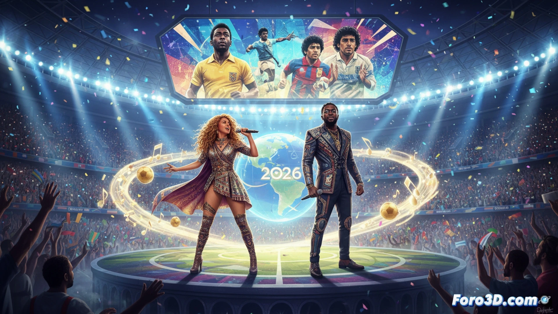 Shakira y Burna Boy en un estudio de grabación futurista, mezclando una consola digital iluminada con ondas sonoras globales, un balón de fútbol dorado suspendido entre ellos mientras hologramas de Pelé, Maradona y Maldini aparecen detrás, durante la producción del himno mundialista, mostrando el proceso creativo con auriculares profesionales y teclados MIDI, estilo cinematográfico fotorrealista, iluminación dramática con tonos rojos y dorados, partículas de polvo de estadio flotando en el aire, cables de audio conectados a interfaces de estudio, acción dinámica de mezcla y grabación.