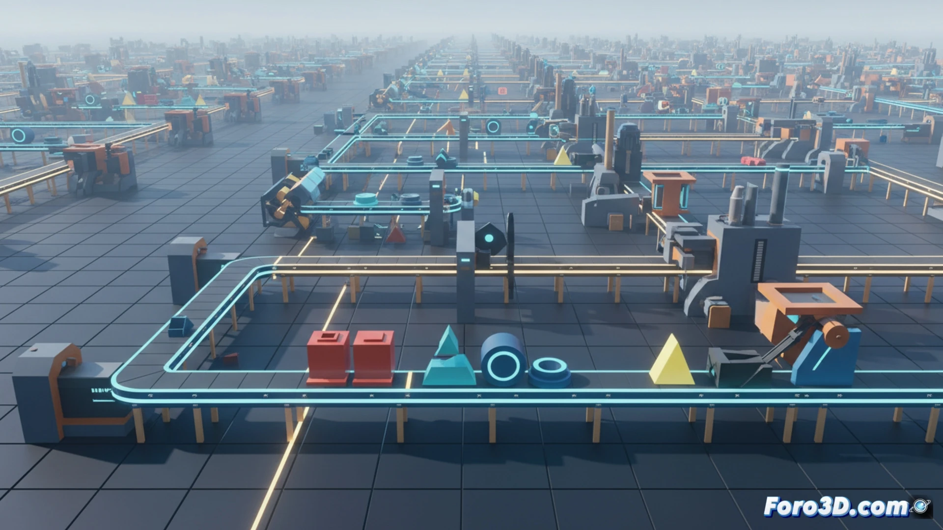 Shapez 2 en Unity renderizando fábricas 3D minimalistas con transportadores y piezas modulares sin límites de mapa