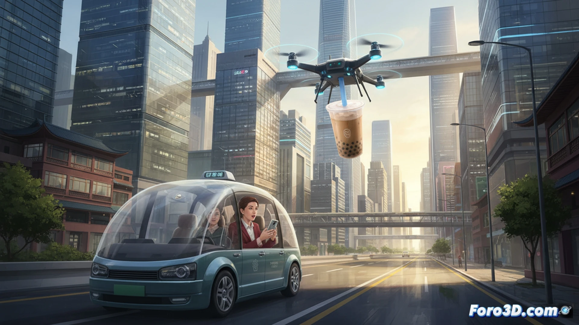 Un taxi autónomo avanza por Shenzhen; un dron entrega bubble tea sobre rascacielos futuristas al atardecer.