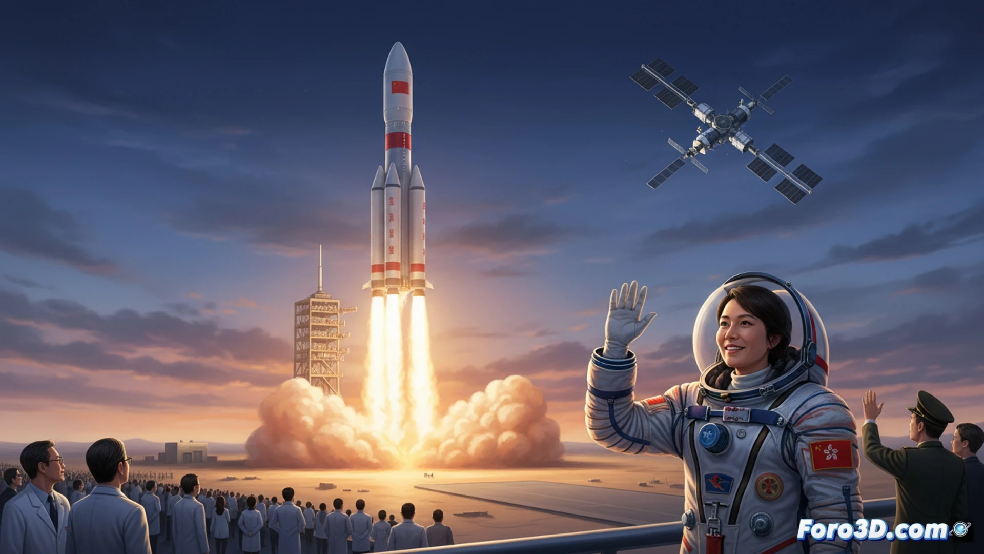 Shenzhou 23 rocket launching at dawn from Jiuquan, exhaust plumes illuminating the launch pad, capsule interior visible cutaway showing three astronauts in pressure suits, Lai Ka-ying adjusting a medical sensor on her wrist while a crew member floats near a rack of biological experiment modules, Tiangong station docking port glowing in Earth orbit background, cinematic engineering visualization, photorealistic metallic textures, blue-white engine thrust flames, zero-G equipment tethers, high-contrast lighting, hyper-detailed spacecraft hull panels, dramatic atmospheric perspective