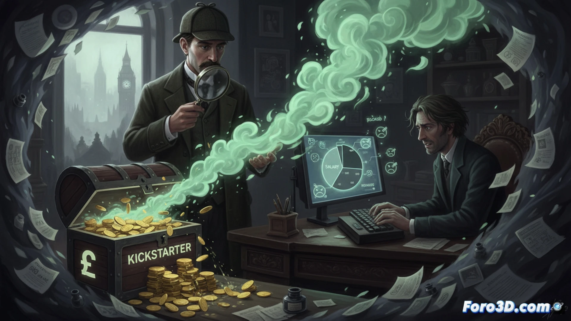 Kickstarter campaign page for a Sherlock Holmes book, digital interface showing 41,000 pounds raised with a red warning overlay, bank balance display decreasing from 40,000 to 20,000 pounds while a shadowy figure of Joel Meadows types on a laptop, partial refund notifications popping up on screen, blocked user icons floating away, magnifying glass hovering over empty pledge tiers, cinematic photorealistic style, dramatic spotlight on the shrinking funds, dark wood desk with scattered banknotes and a deerstalker hat, glowing red progress bar halfway drained, ultra-detailed keyboard and monitor reflections, suspenseful mood lighting, technical crowdfunding dashboard visualization