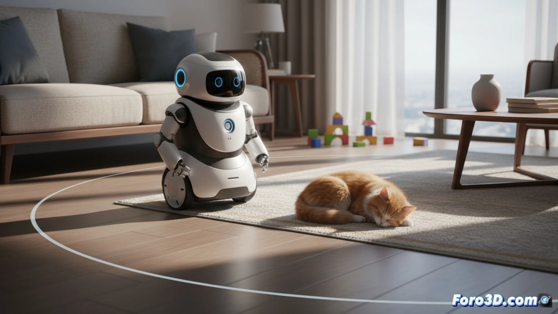 humanoid robot Shiguang S1 navigating a cluttered living room, gracefully stepping over a sleeping cat on a rug, robotic hand holding a glass of water, avoiding a child’s toy car on the floor, internal sensors projecting faint holographic collision-avoidance lines on the floor, kitchen counter visible with a spilled coffee mug, soft warm domestic lighting contrasting with cool blue LED indicators on the robot’s joints, photorealistic engineering visualization, cinematic depth of field, subtle motion blur on the robot’s leg mid-stride, ultra-detailed carbon fiber exoskeleton, realistic fabric textures on sofa and curtains