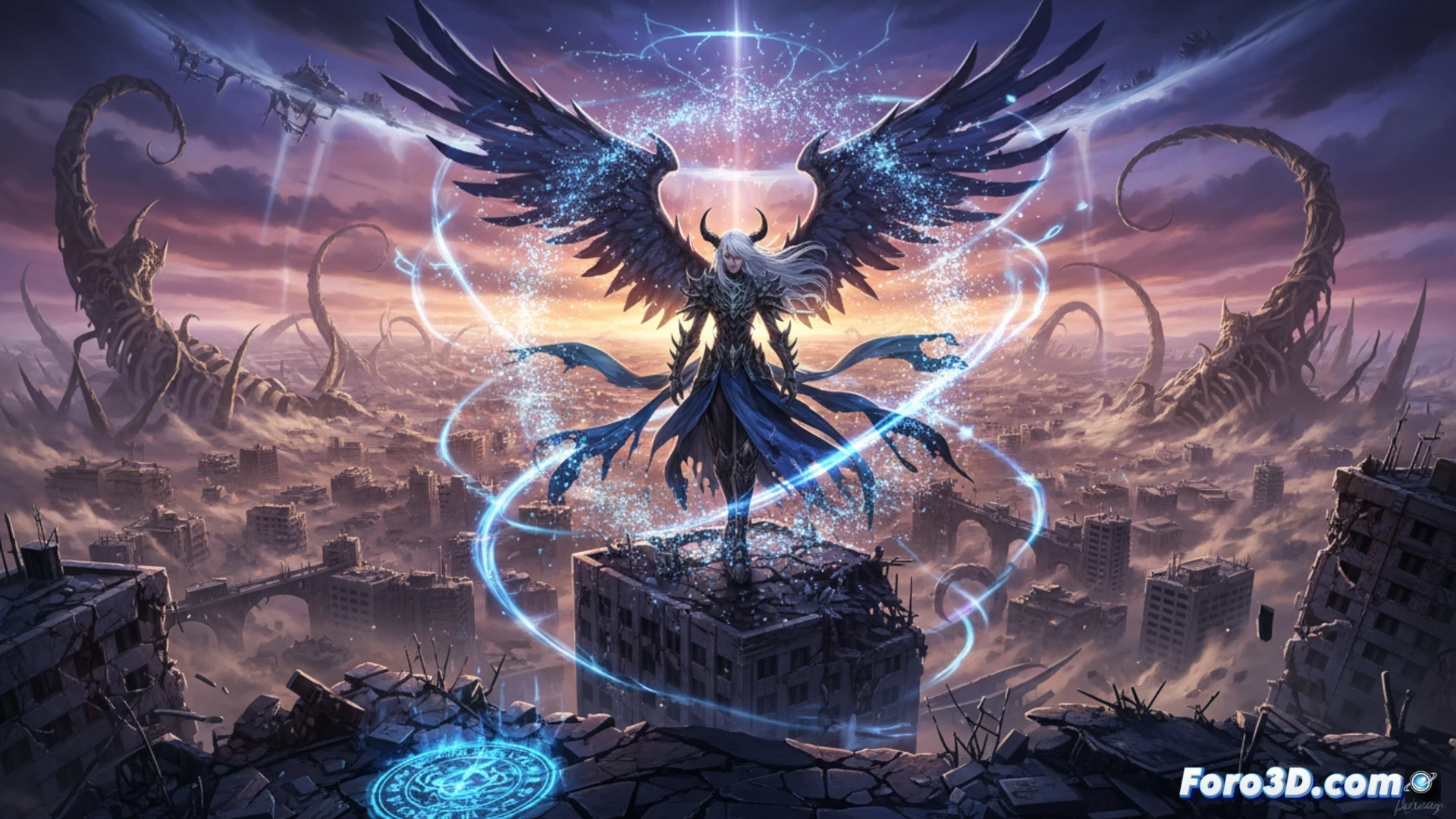 Una ciudad de Tokio en ruinas bajo cielos sangrientos, con un héroe azul enfrentando un demonio gigante en medio de escombros y partículas brillantes.