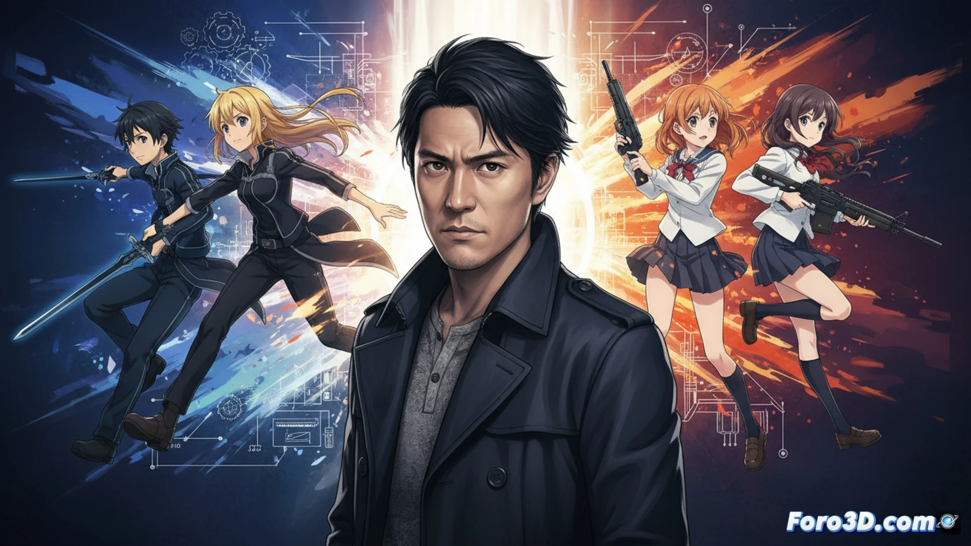 Un joven Shingo Adachi sonríe frente a un storyboard de Lycoris Recoil, con Chisato y Takina en acción fluida, lápices y luces de estudio de fondo.