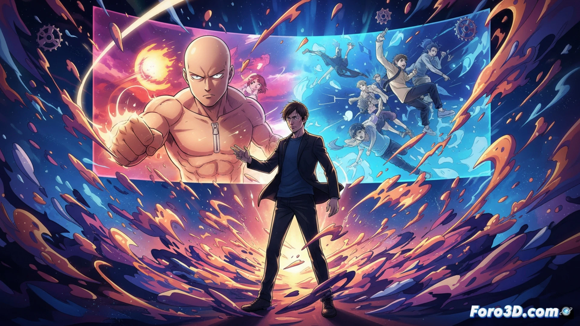 Shingo Natsume en su estudio, rodeado de storyboards y luces de animación, con una pose firme y mirada creativa.