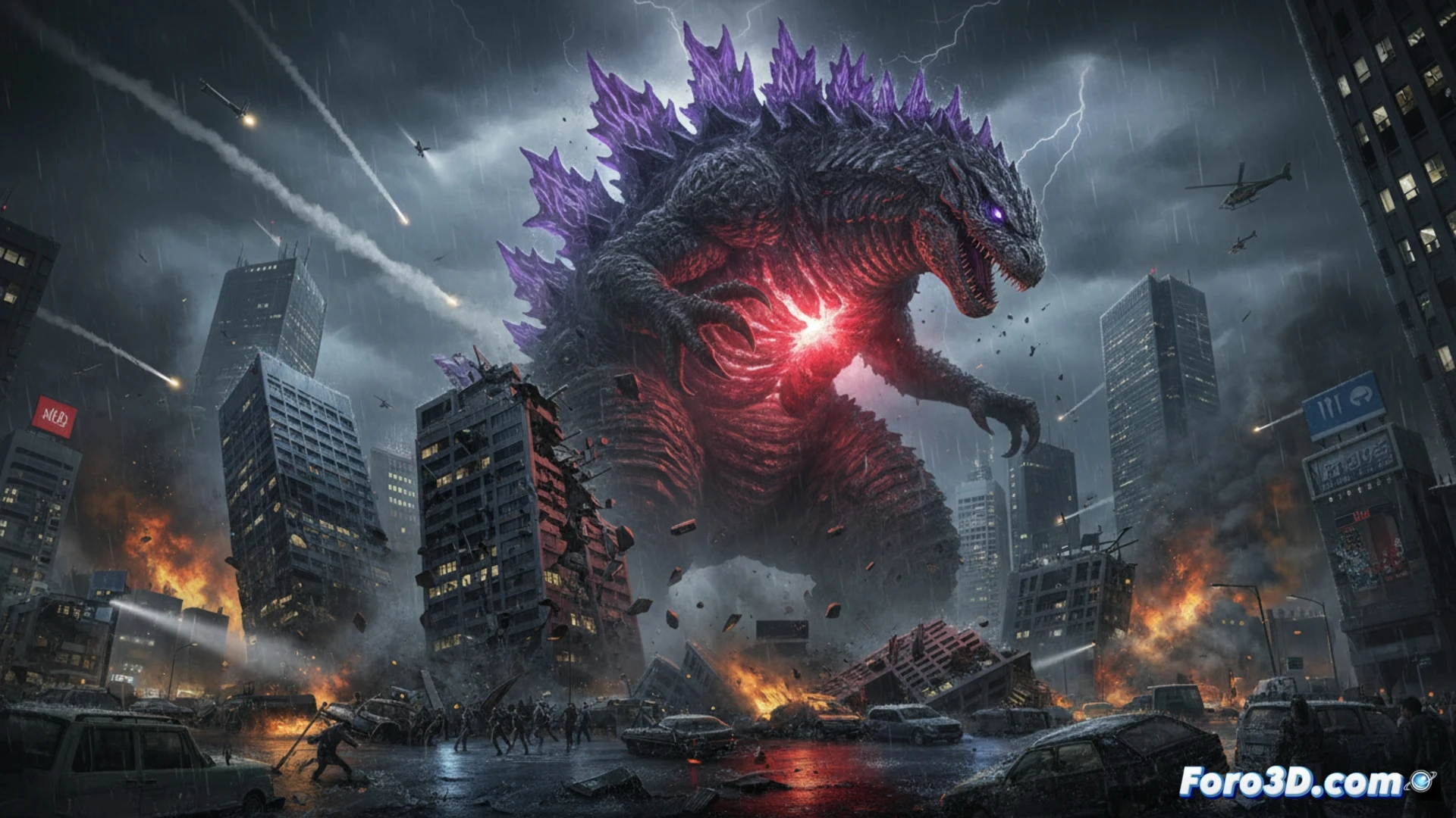 Shinji Higuchi sostiene una miniatura de Godzilla entre sus manos, rodeado de planos y maquetas de edificios destruidos. Luces de estudio iluminan su rostro concentrado, reflejando el caos tangible de sus creaciones.