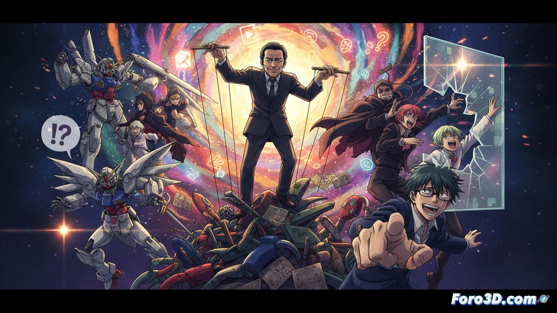 Un dibujo de Shinji Takamatsu con gafas y sonrisa pícara, rodeado de escenas caóticas: Gundam Wing y Gintama cruzando espadas.