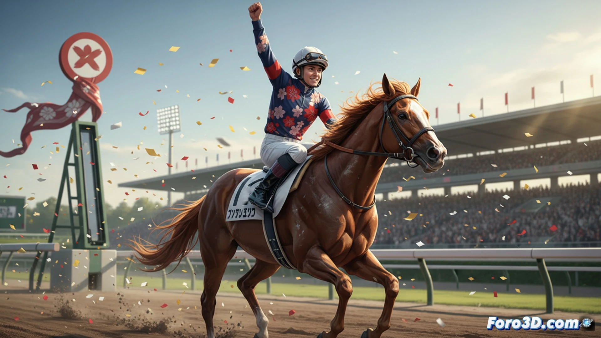 Shona Imamura montando a Juryoku Piero durante el tramo final del G1 Oaks de Tokio, caballo al galope en curva cerrada, crin y cola al viento, sudor visible en el lomo, bridas tensas mientras la jinete inclina el torso hacia adelante con brazos firmes sobre las riendas, casco blanco y gafas deportivas reflectantes, pista de tierra marrón con marcas de herraduras, barrera de seguridad metálica al fondo, tribuna con banderas japonesas desenfocadas, luz dorada de atardecer, estilo cinematográfico realista, acción congelada en pleno esfuerzo máximo, composición dinámica desde ángulo bajo mostrando velocidad y determinación