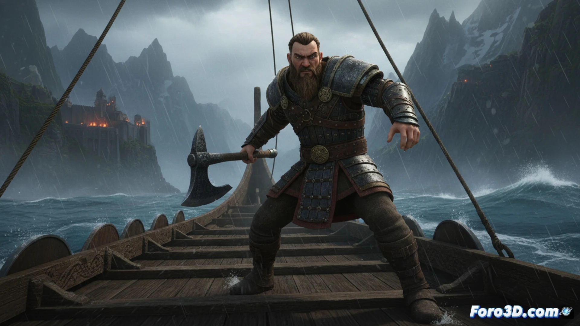 Un barco vikingo surca mares grises con velas desplegadas, bajo un cielo nublado. La cámara se desliza suavemente, mostrando la integración orgánica del 3D en la era vikinga.