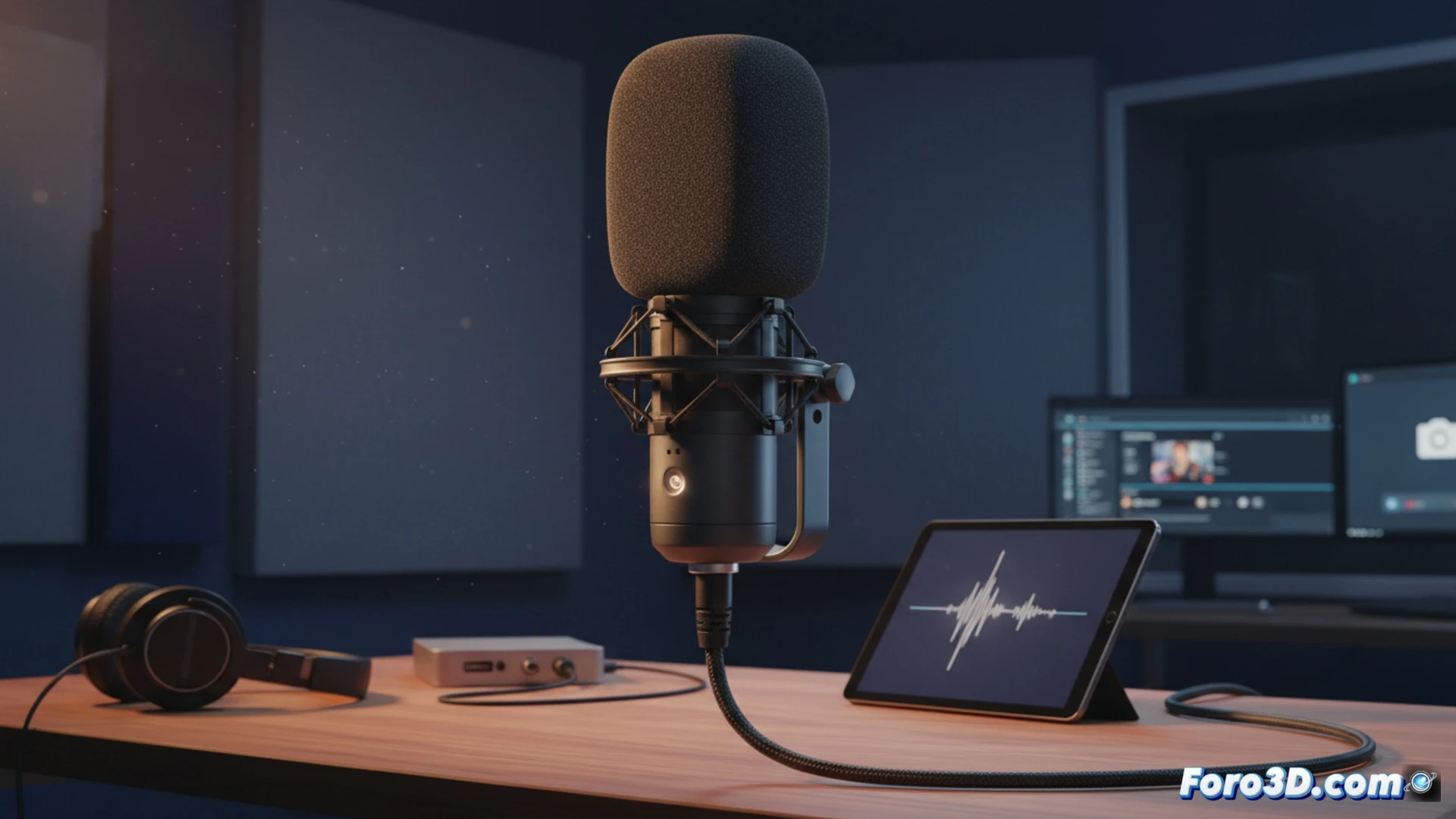 Shure SM7dB microphone on a modern podcast desk, streamer hand adjusting the built-in preamplifier gain switch while plugging a single XLR cable directly into the mic, no external audio interface visible, glowing green LED indicator showing active preamp, recording software waveform on a monitor in the background, clean minimalist studio setup with acoustic panels, cinematic photorealistic technical illustration, dramatic side lighting highlighting the mic grille and metal chassis, dust particles in beam of light, precise engineering details on the mic body and yoke mount, ultra-sharp product visualization