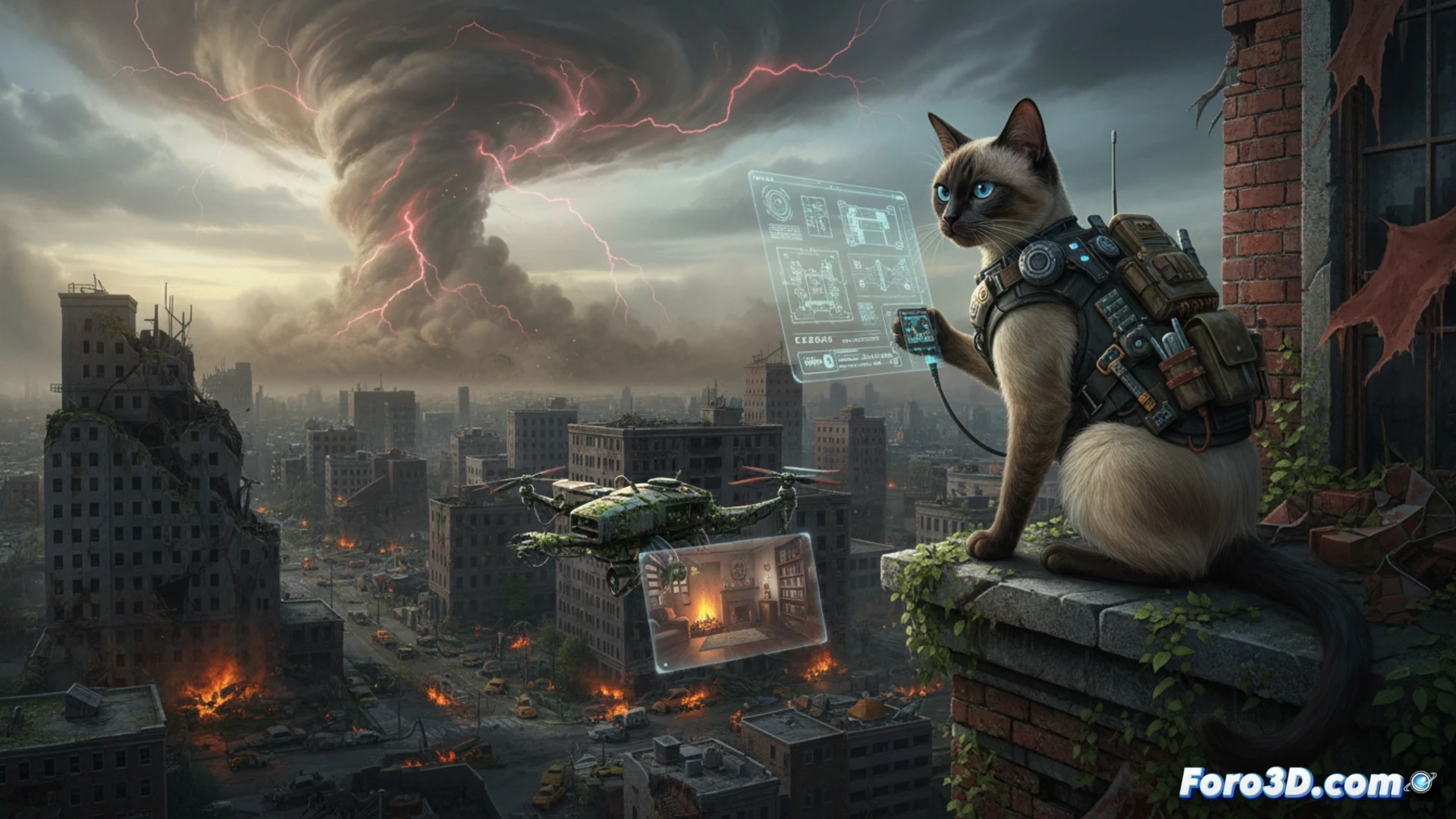 Post-apocalyptic urban landscape with collapsed buildings and military barricades, digital compositors working at monitors displaying layered CGI destruction elements, wireframe overlays showing structural collapse physics, artists using stylus tablets to paint atmospheric dust and smoke effects, photorealistic cinematic render, dramatic overcast lighting, debris particles suspended in air, military vehicles with extended CGI tactical response elements, intimate character scene in foreground with zombie threat approaching, ultra-detailed environmental destruction, technical VFX production workflow visualization