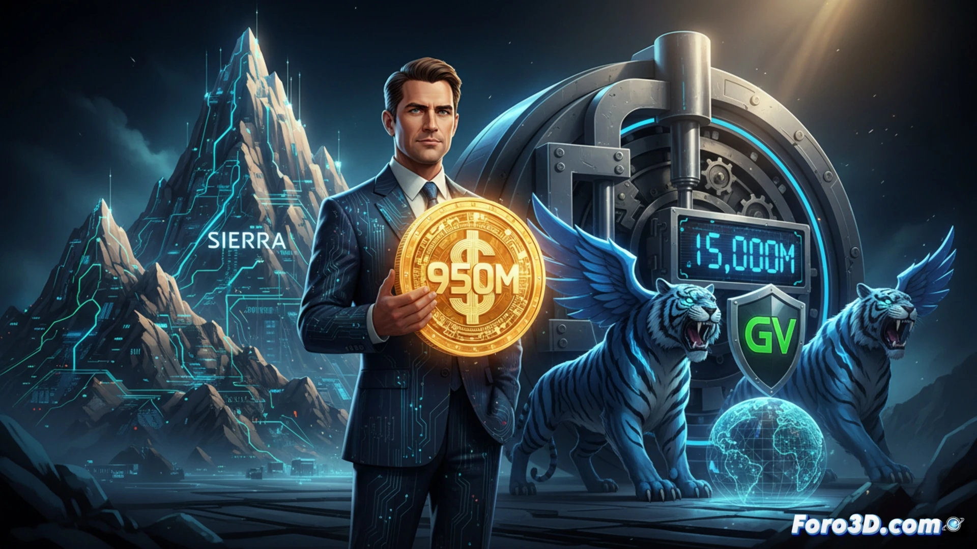 Una vibrante ilustración de un agente de IA digital, con forma de figura brillante azul y verde, atendiendo a múltiples clientes sonrientes en un centro de llamadas futurista. Al fondo, un gráfico de barras ascendente muestra 15.000M, con el logotipo de Sierra y las marcas Tiger Global y GV.