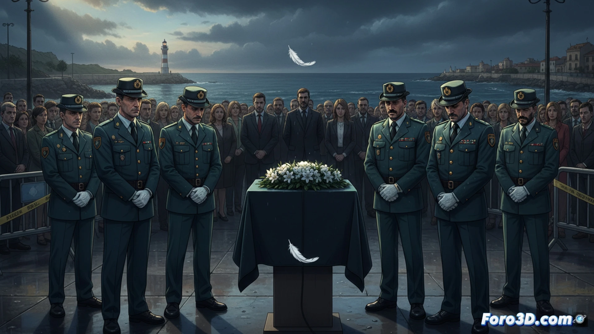 two Guardia Civil officers in green uniform standing rigidly at attention during a postponed memorial ceremony, empty podium with a folded Spanish flag, patrol car parked nearby with blue emergency lights turned off, solemn atmosphere with overcast sky, empty plaza in Isla Cristina, technical illustration style with precise geometric lines and muted earth tones, photorealistic architectural background showing municipal buildings, crisp shadows indicating late afternoon, uniform details including cap, belt, and badge visible, stillness conveying unfulfilled tribute, cinematic composition with low-angle perspective emphasizing waiting, no text or symbols, ultra-detailed fabric textures and vehicle reflections