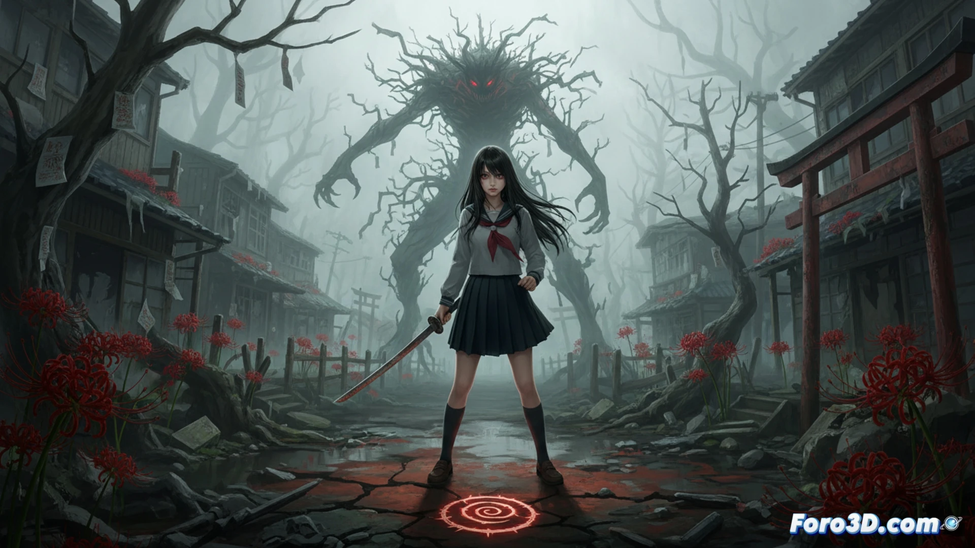 Imagen de Shimizu Hinako en Ebisugaoka, con niebla espesa y edificios japoneses de los 60 distorsionados por el horror.