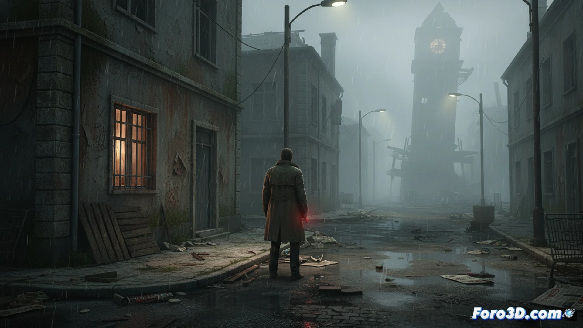 Silent Hill Townfall escena oscura con niebla y luces tenues en Unreal Engine 5