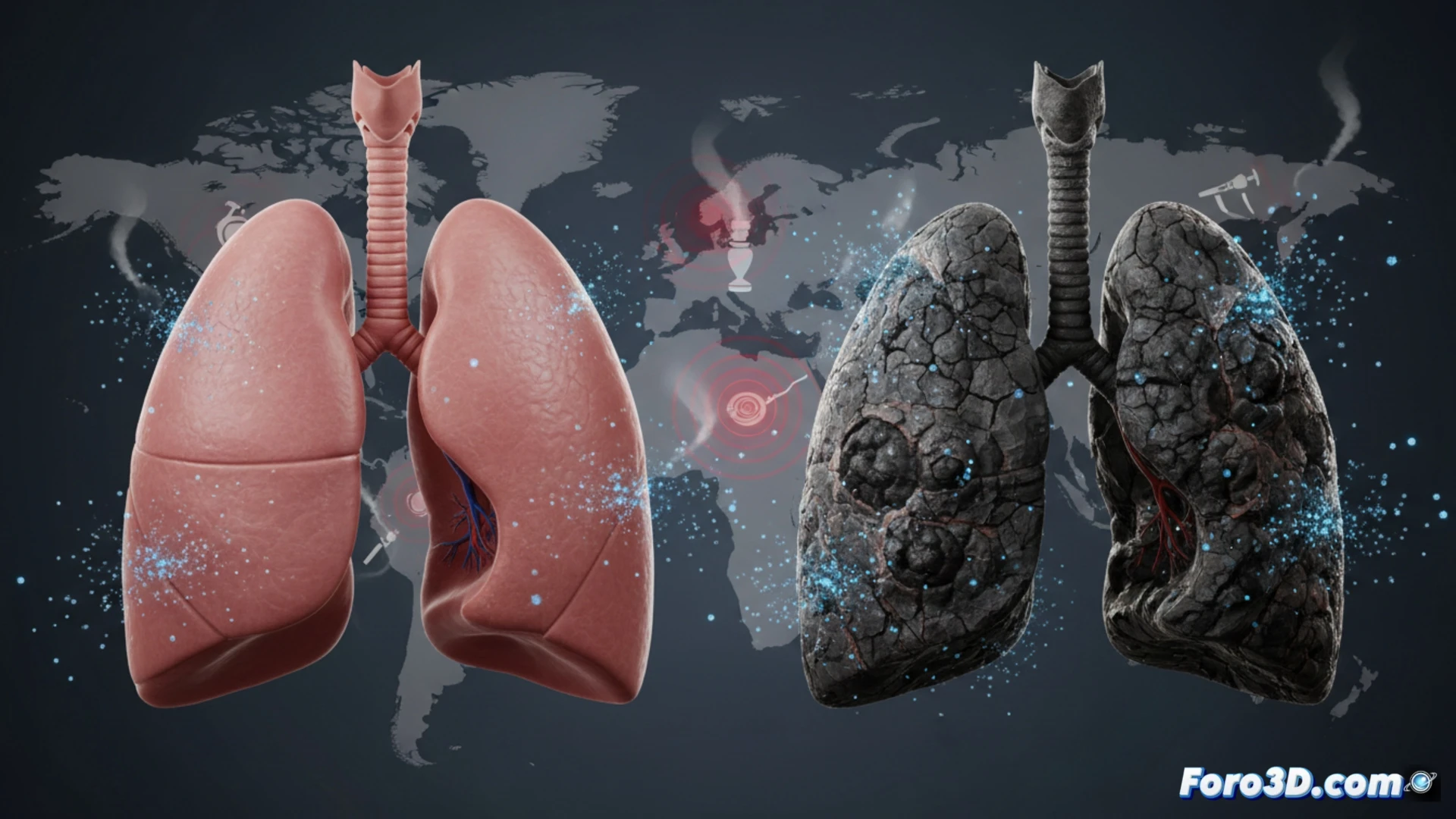 Modelo 3D pulmones sanos vs silicosis escultores, fibrosis pulmonar progresiva por polvo de sílice