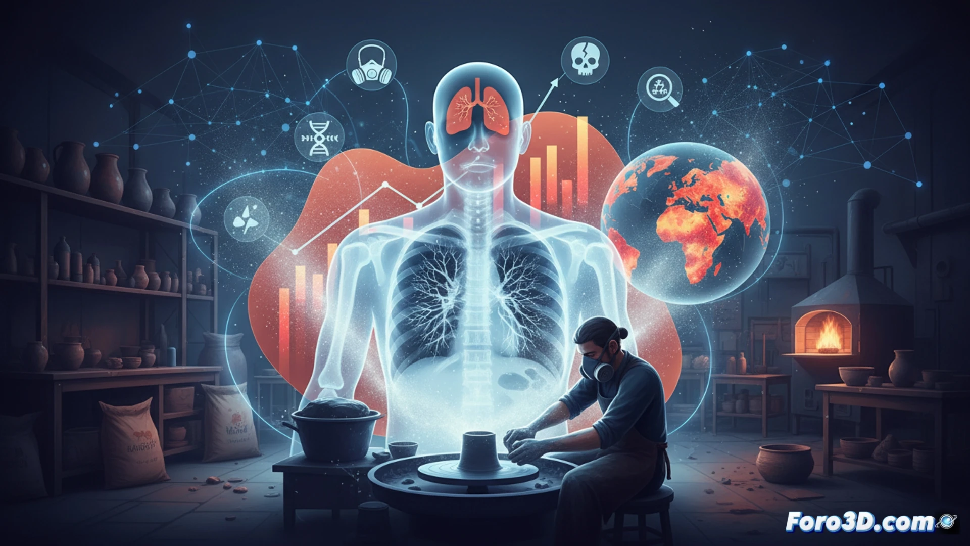 Mapa de calor con datos de incidencia de silicosis en ceramistas por regiones, gráficos de barras y microscopía de sílice