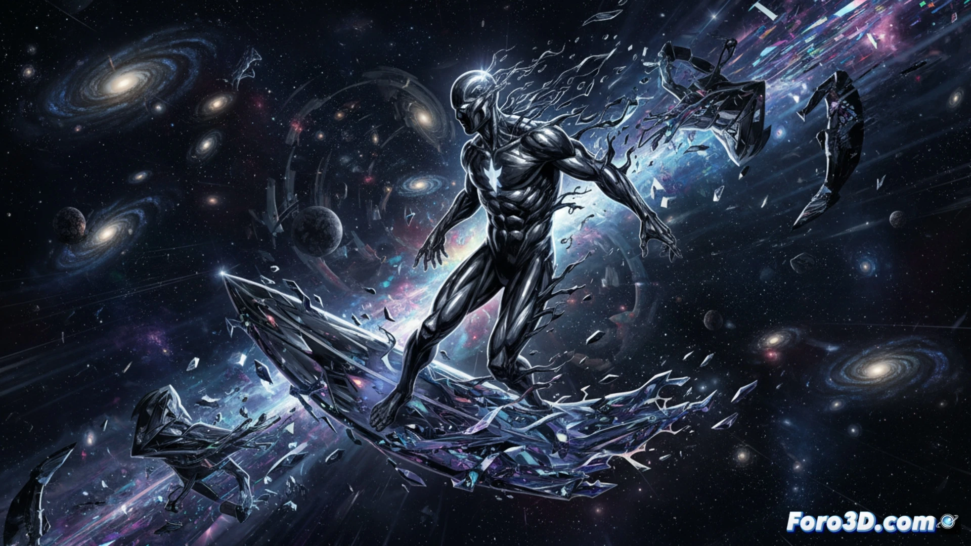 Viñeta de Silver Surfer Black con anatomía distorsionada en remolino cósmico, trazos orgánicos y vacío digital.