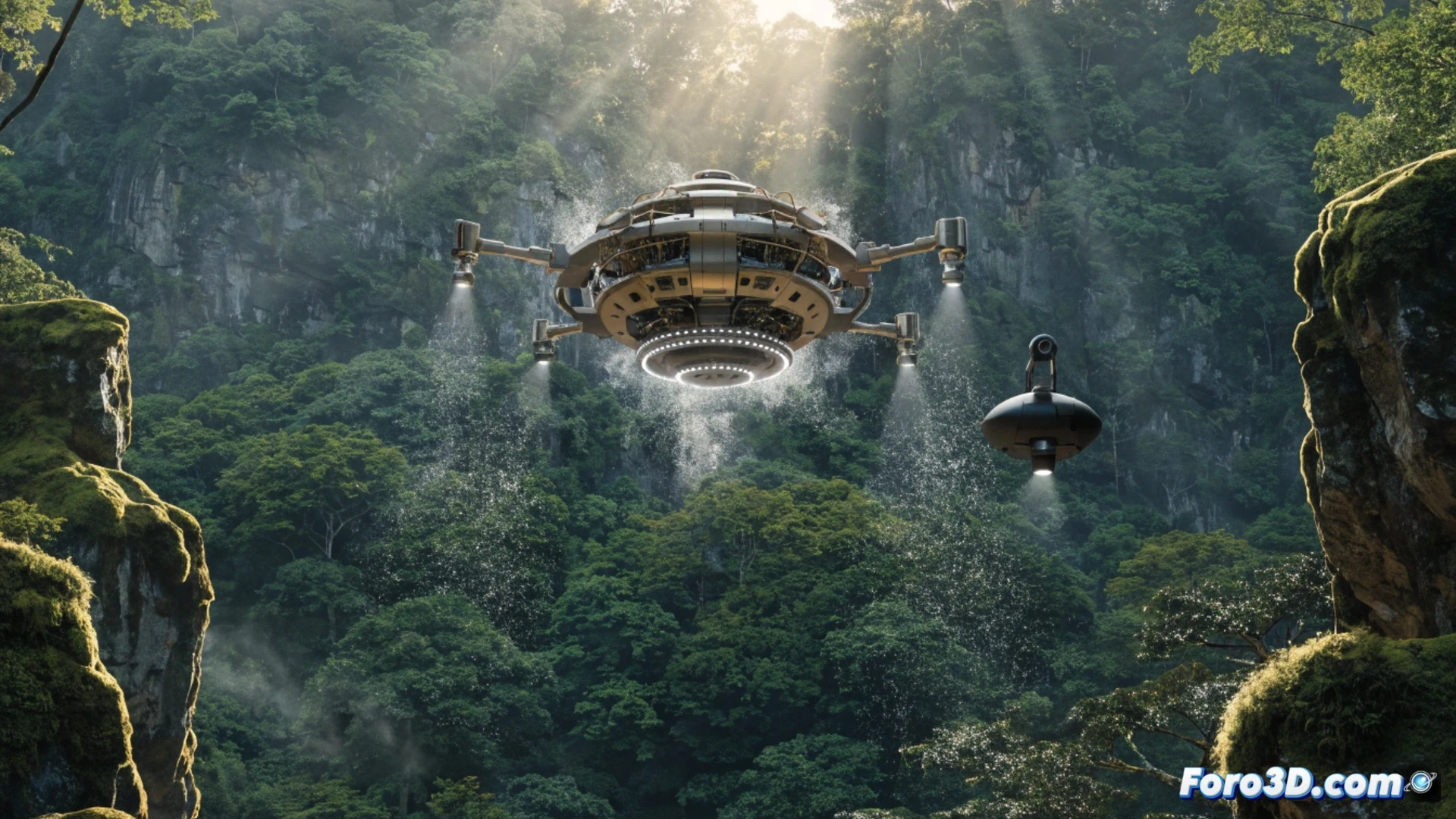 Vista aérea de un denso bosque verde, con un dron sobrevolando y un escáner LiDAR emitiendo un haz digital que proyecta una malla 3D luminosa sobre los árboles, revelando alturas, volúmenes y puntos rojos en copas enfermas.
