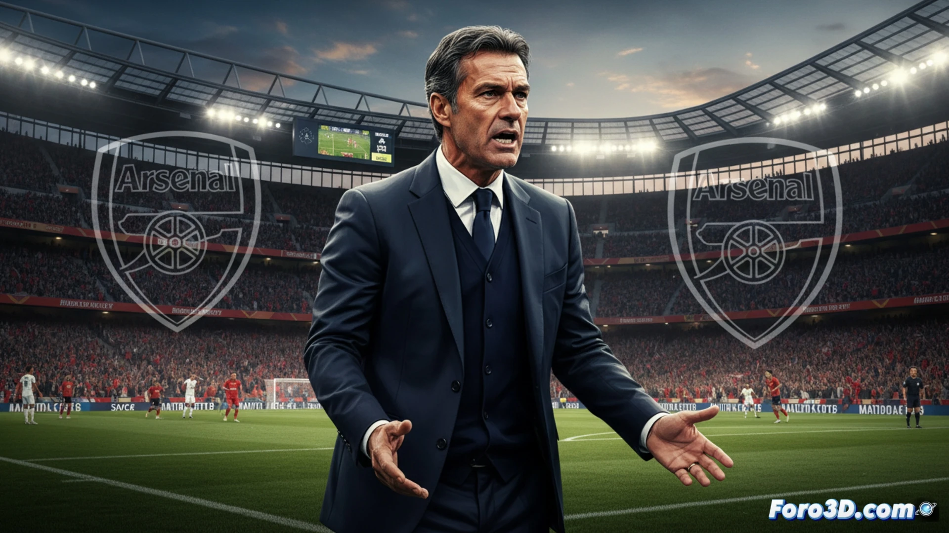 Diego Simeone, con mirada firme y gesto sereno, señala el campo mientras la afición del Atlético agita bufandas rojiblancas al fondo.