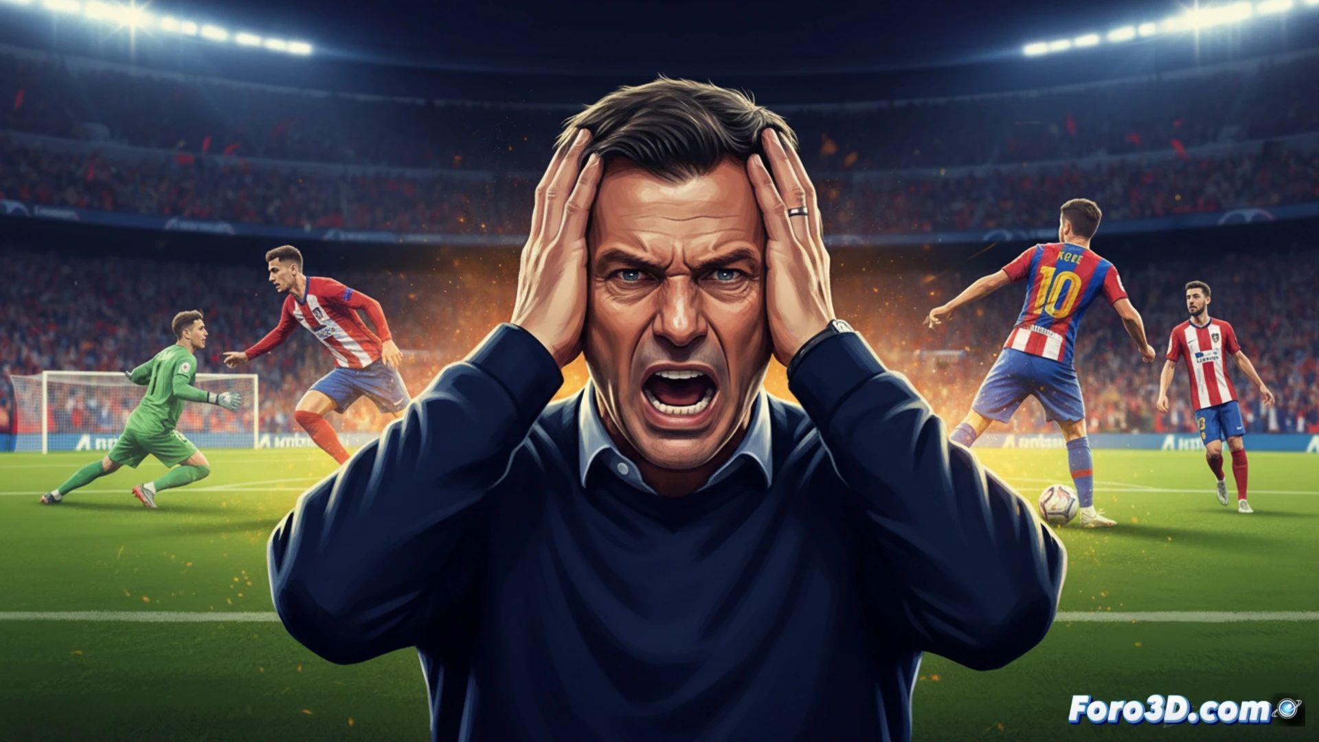 Diego Simeone mira fijo una pantalla de video, con las manos en la cabeza y expresión de incredulidad. A su lado, un marcador muestra al Atlético cerca de eliminar al Barça.