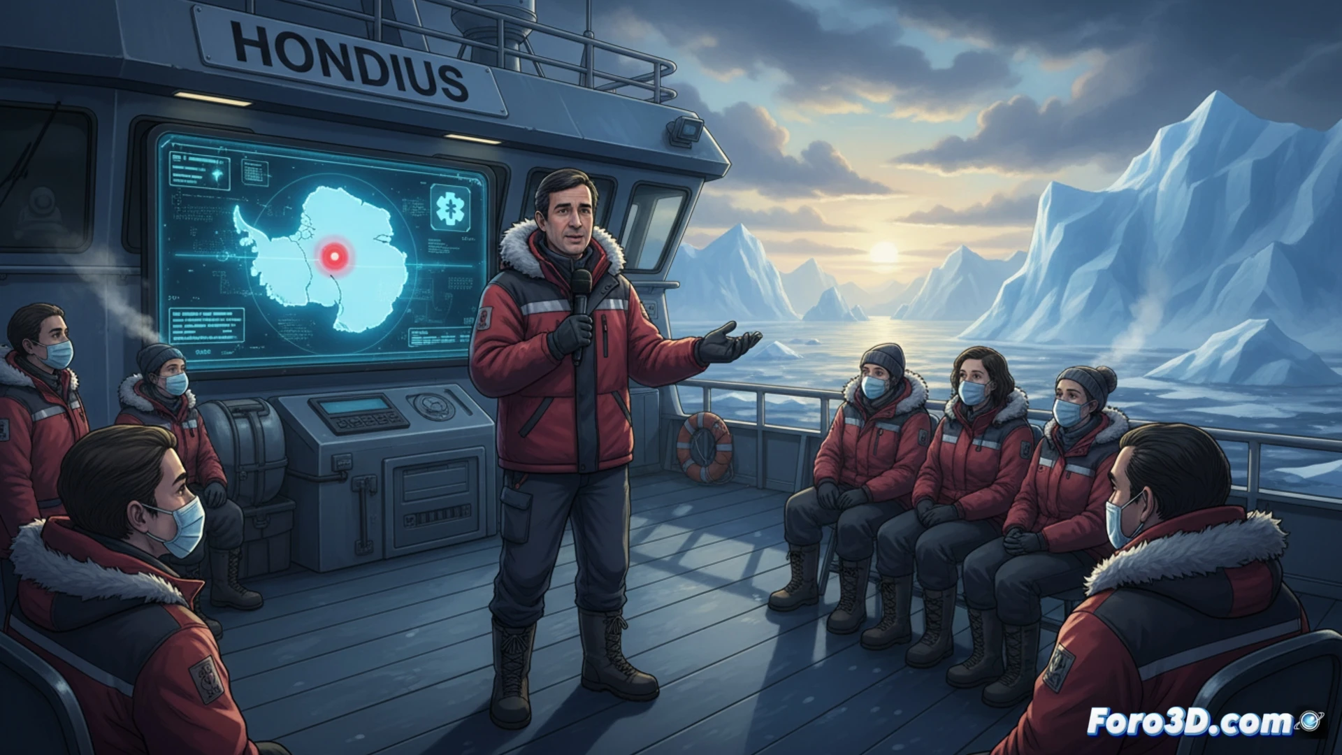 Fernando Simón, con gesto sereno, señala un mapa de la Antártida mientras un crucero yace anclado entre icebergs.