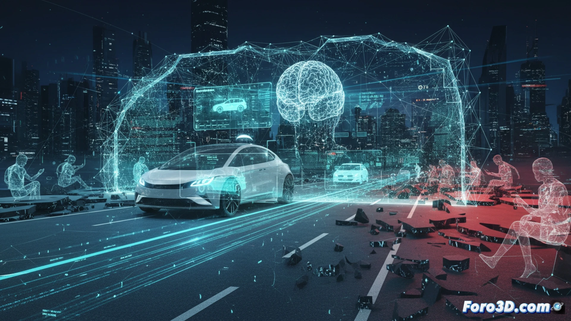 Simulación 3D ADAS en coche moderno, análisis de sensores y seguridad vial automatizada