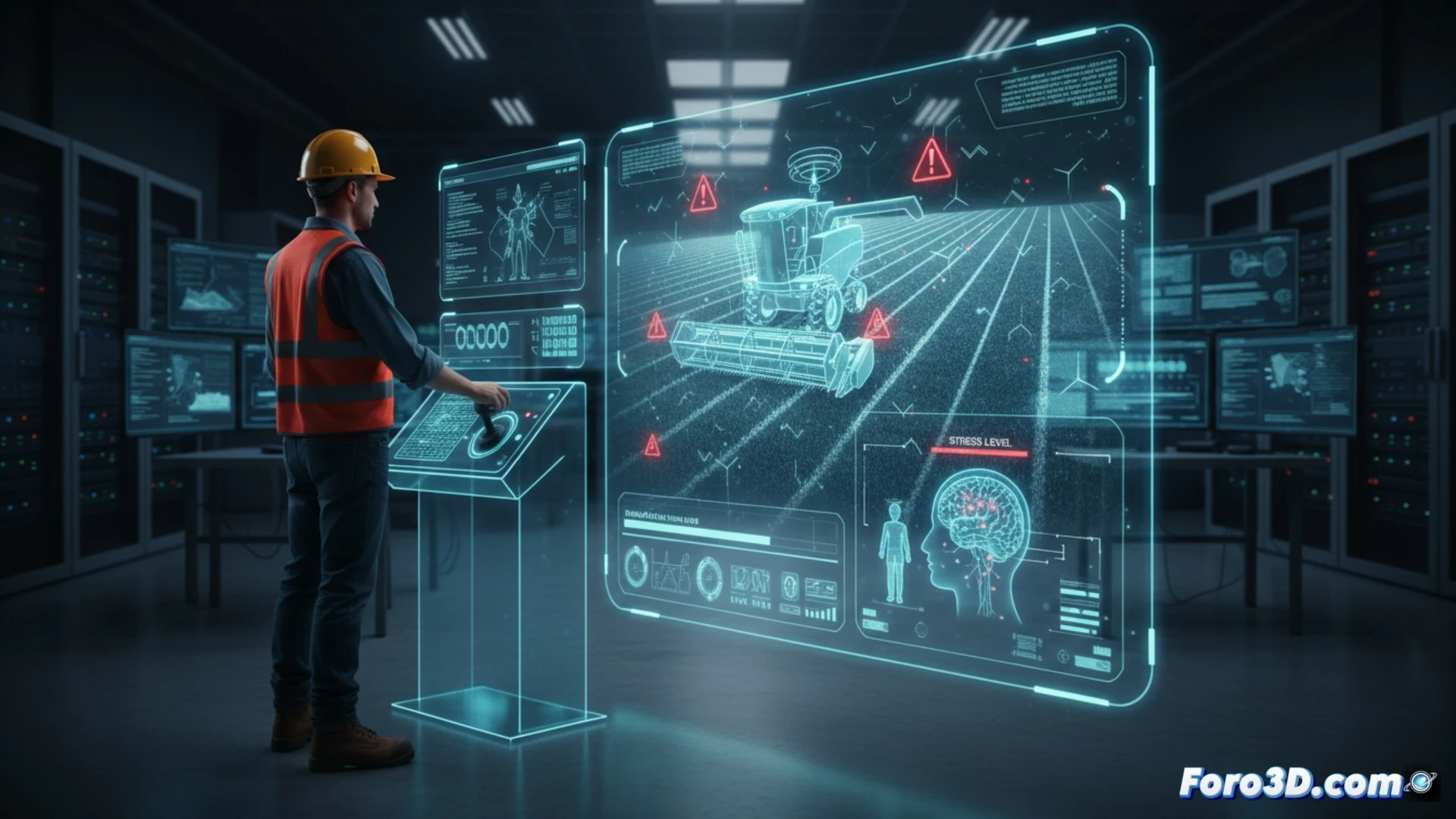 Ingeniero agrónomo en simulador 3D revisando riesgos laborales con maquinaria y productos fitosanitarios en campo virtual
