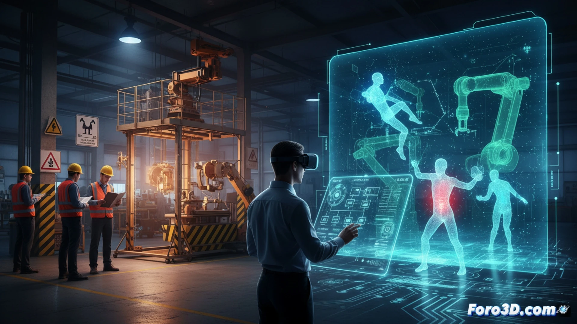 Simulación 3D de montaje industrial mostrando operario ensamblando pieza pesada con riesgos de atrapamiento señalizados