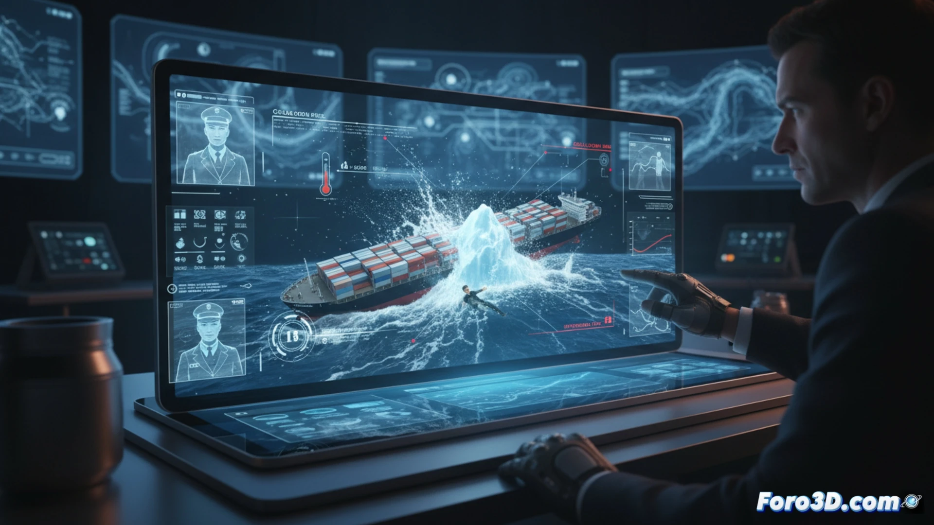 Simulación 3D de accidente marítimo con capitán evaluando riesgos en cubierta durante tormenta
