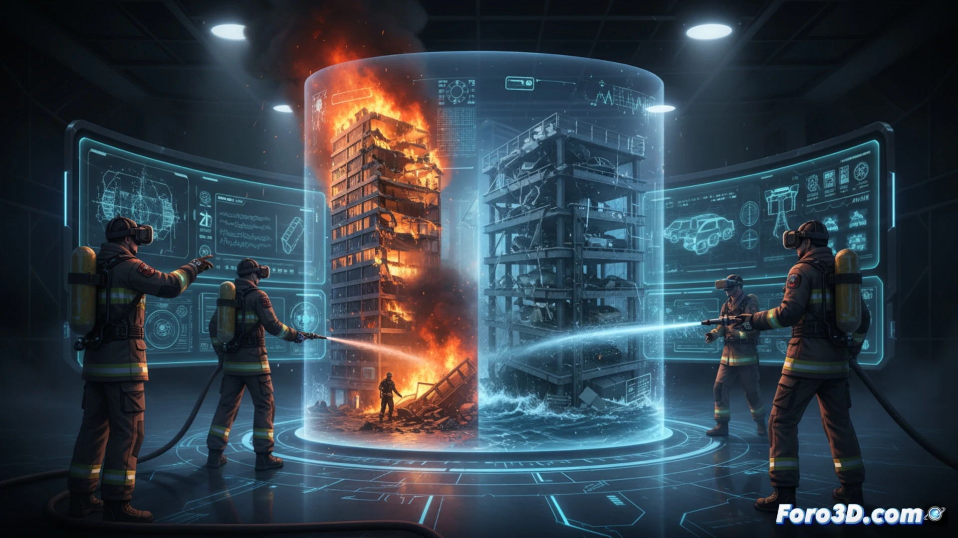 Simulación 3D de incendio forestal con bomberos entrenando en realidad virtual, cascos y equipos de protección.