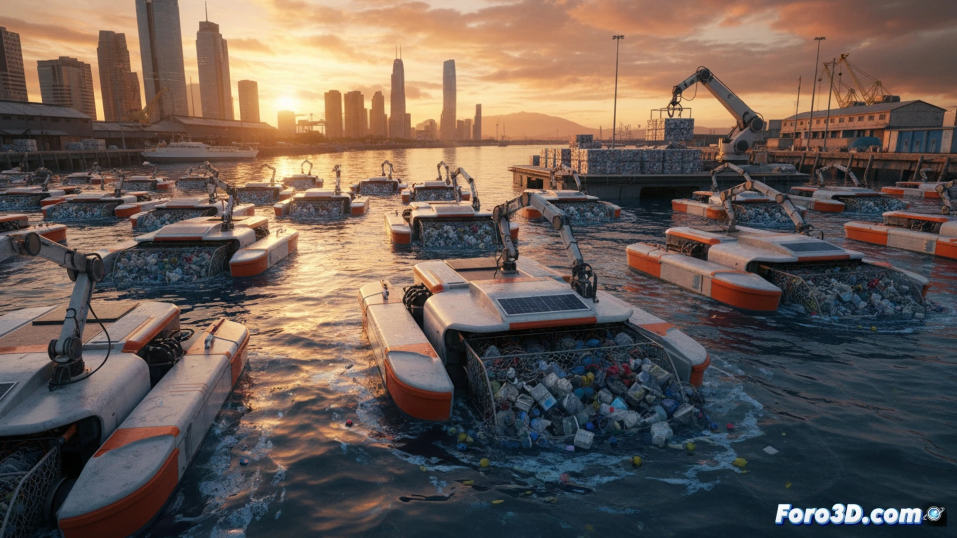 Simulación 3D de enjambres robóticos autónomos limpiando plásticos en ríos y puertos con barcos coordinados