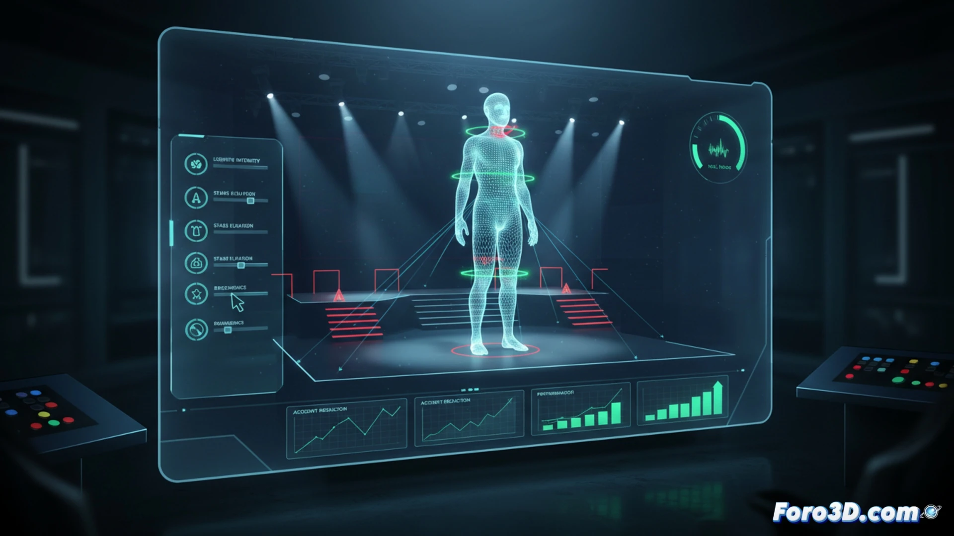 Simulación 3D de escenario con presentador en vivo, análisis de riesgos y prevención de caídas