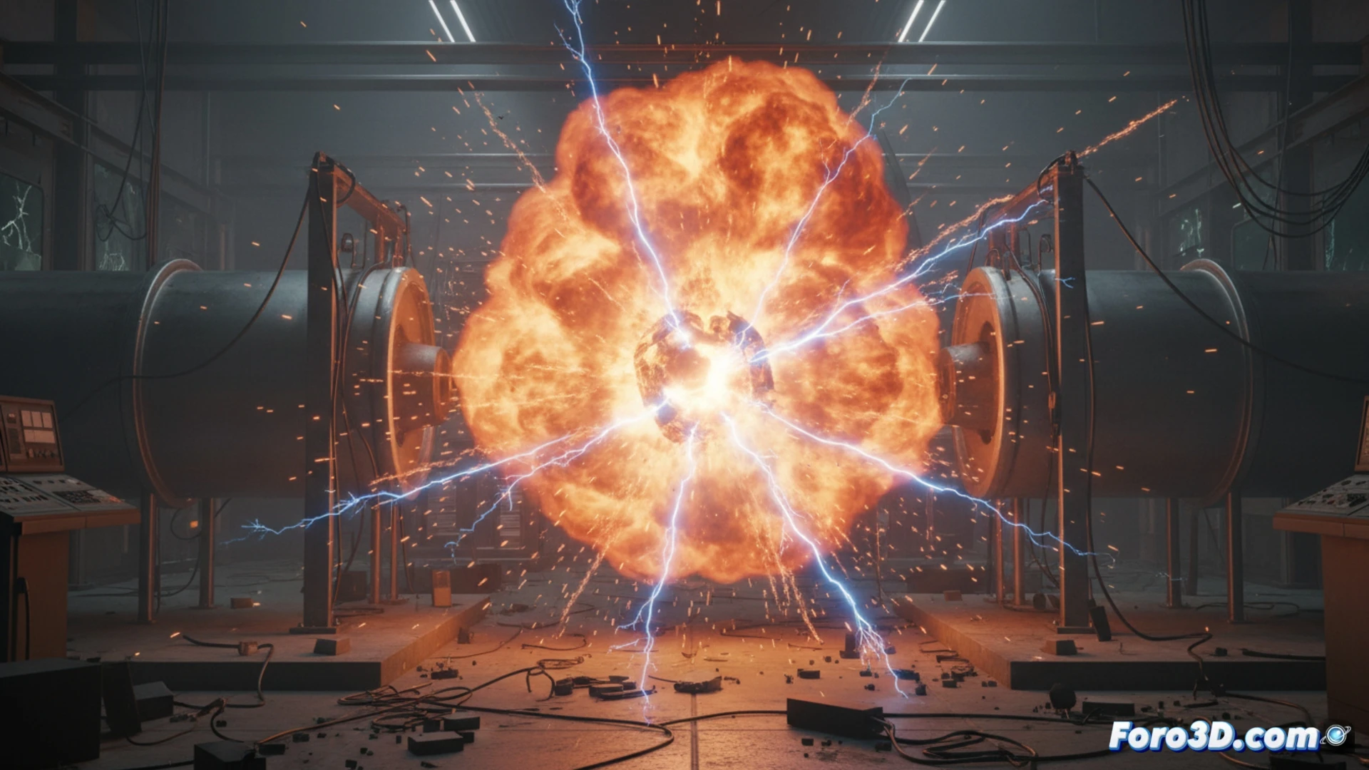 Simulación 3D de explosión en banco de condensadores por fallo de válvula, con llamas y fragmentos