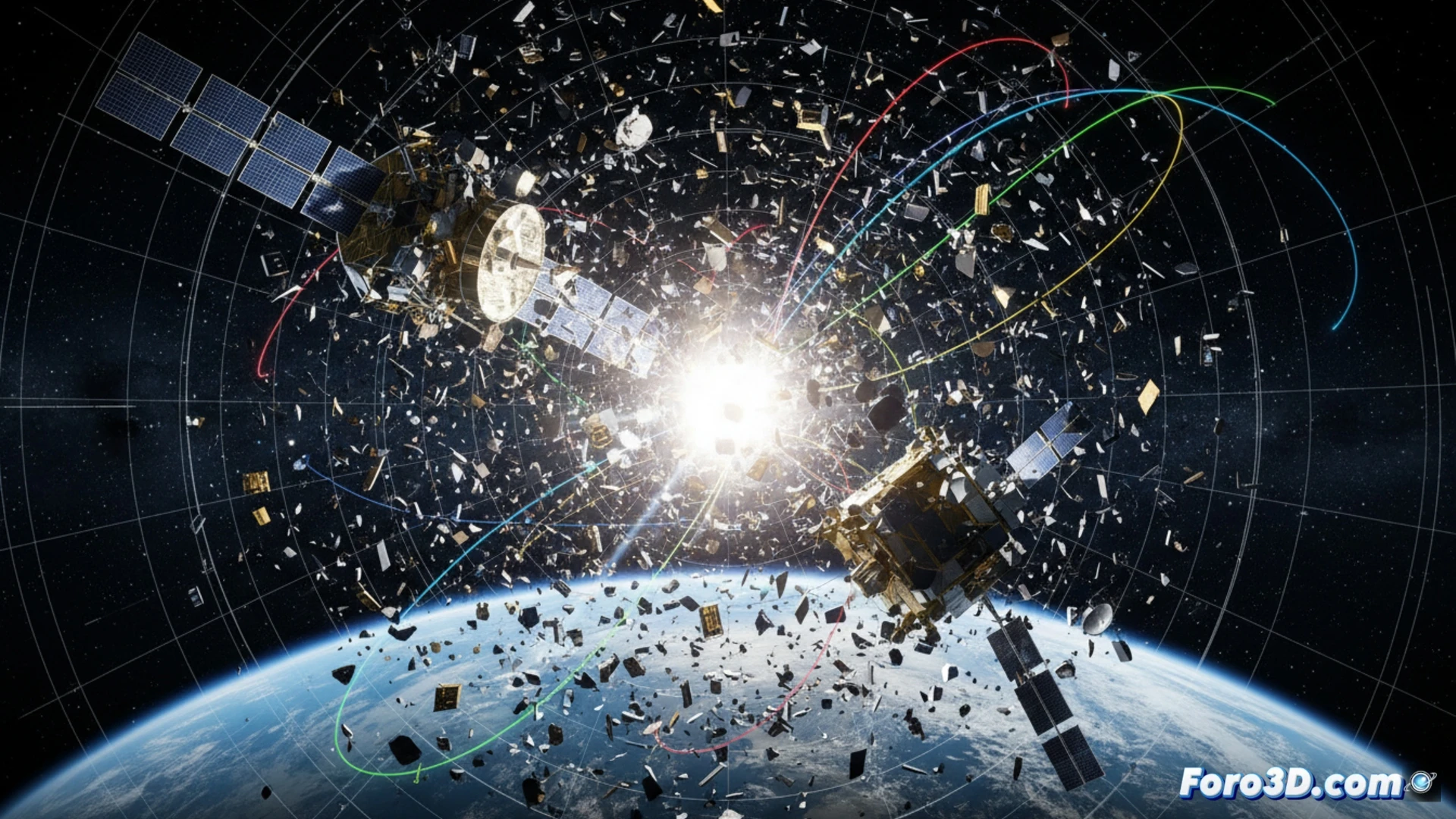 Simulación 3D de impacto orbital entre satélites generando fragmentos y basura espacial en órbita terrestre