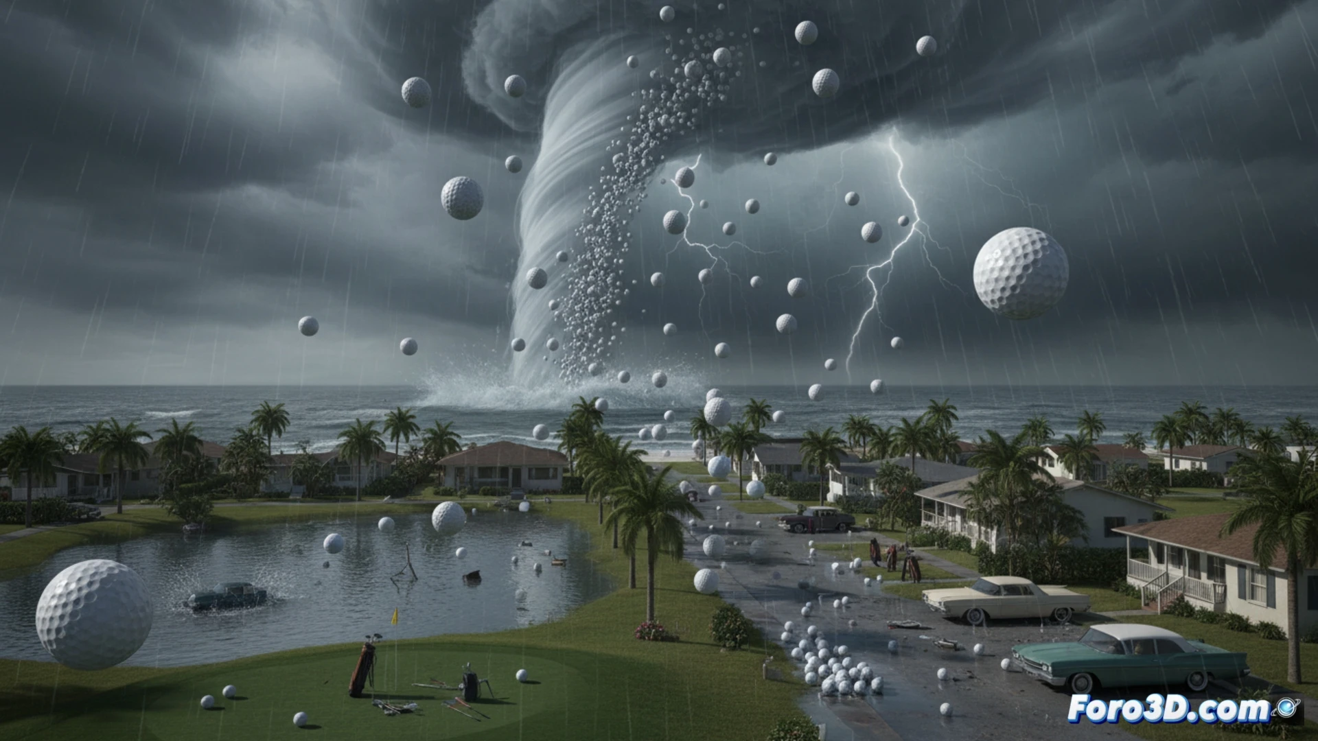 Simulación 3D de lluvia de pelotas de golf cayendo del cielo sobre New Smyrna Florida 1969 tormenta severa