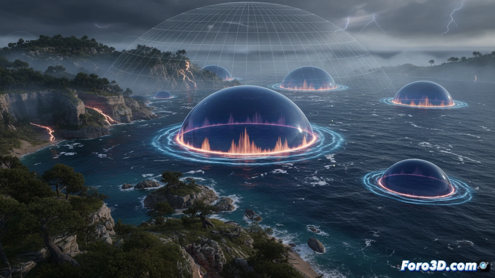 Simulación 3D de ondas sónicas sobre costa brumosa, representando el fenómeno acústico de los Mistpouffers