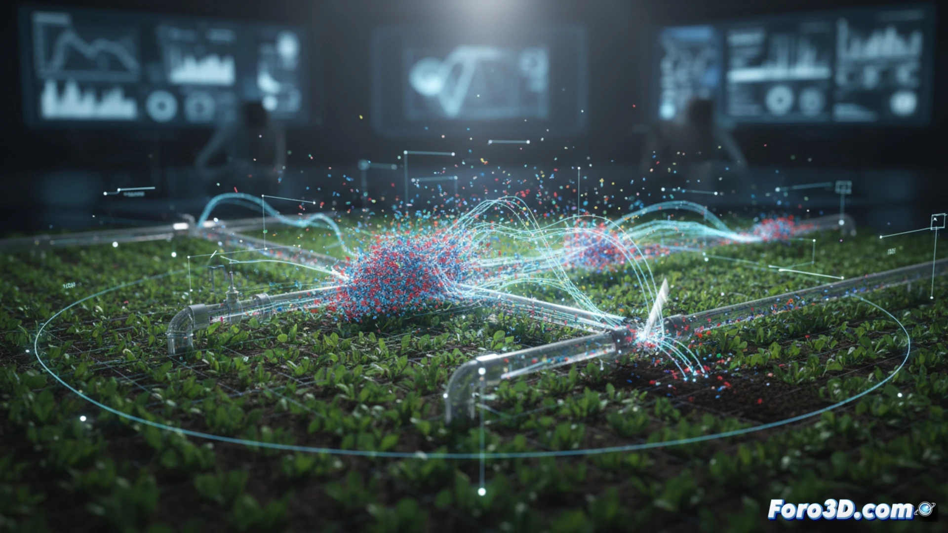 Simulación 3D de microplásticos fluyendo en tuberías de riego agrícola para detectar sabotaje y obstrucciones
