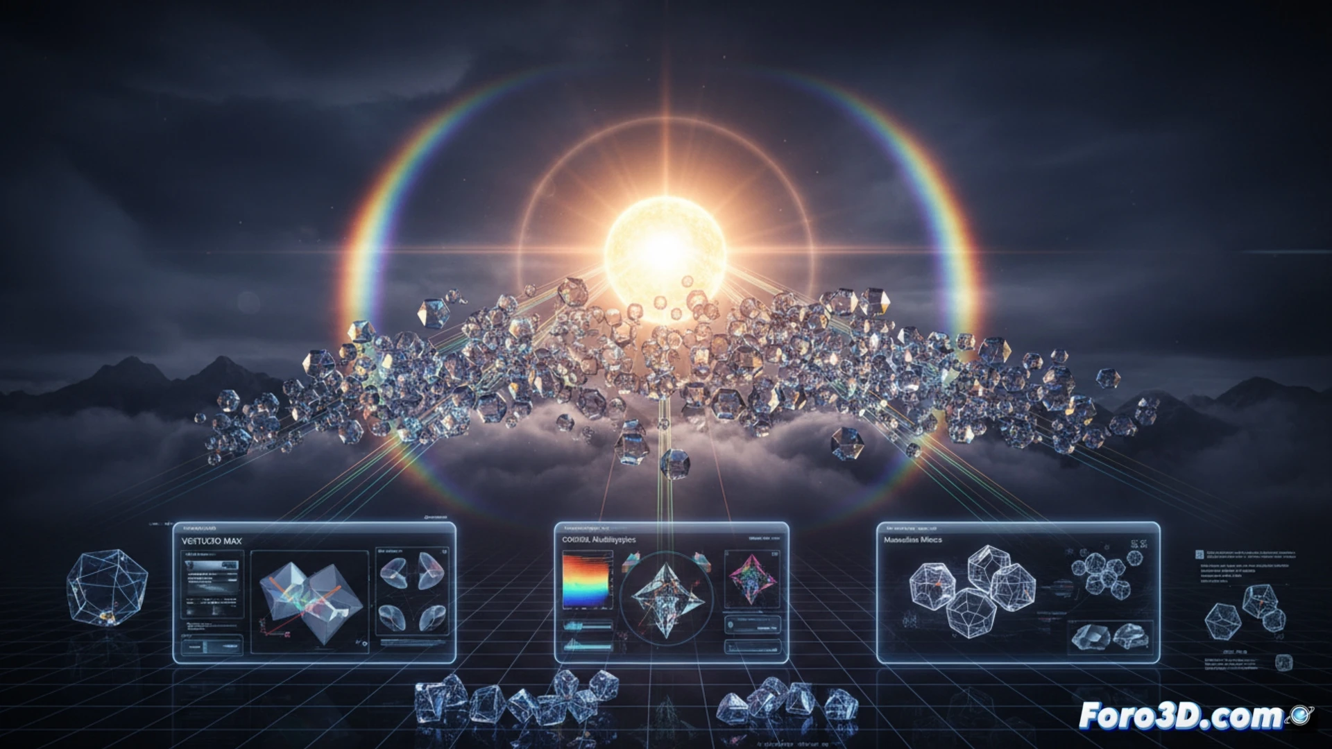 Simulación 3D de parhelios con cristales de hielo hexagonales refractando luz solar en VGSTUDIO MAX