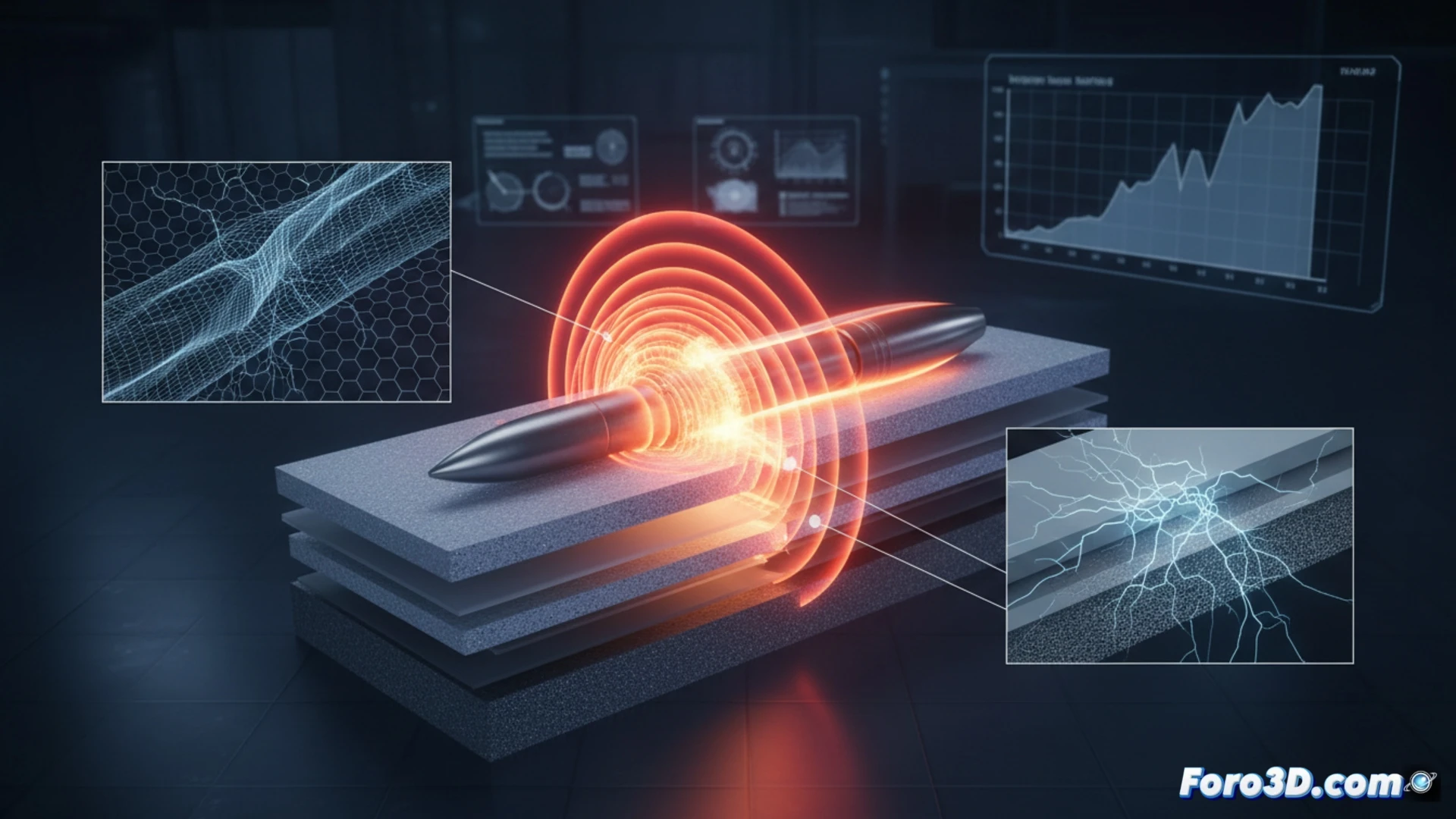 Simulación 3D de penetración de proyectil en blindaje compuesto mostrando deformación plástica y grietas por fatiga