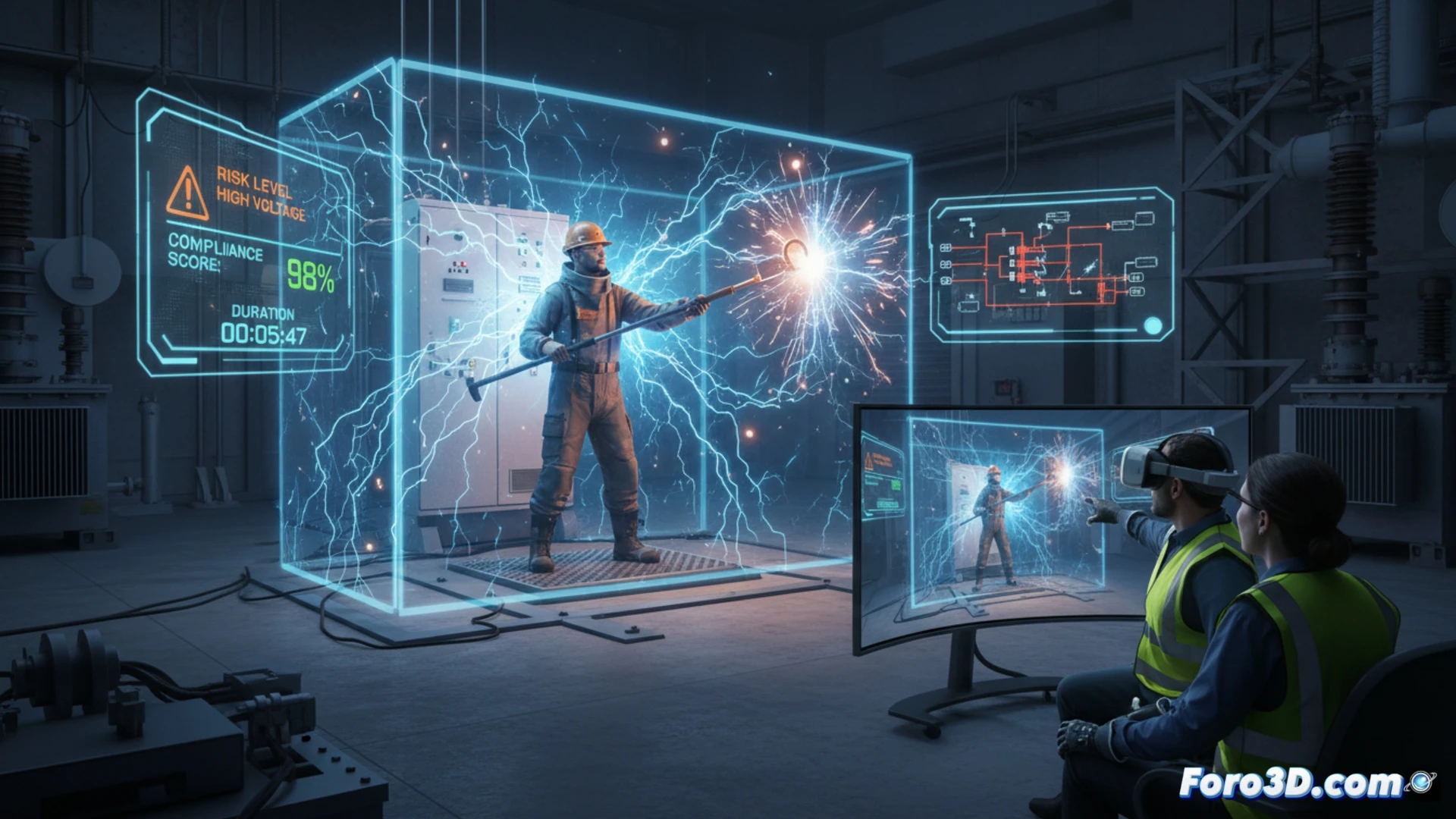 Simulación 3D de trabajador expuesto a riesgo de arco eléctrico en instalación industrial para compliance laboral.
