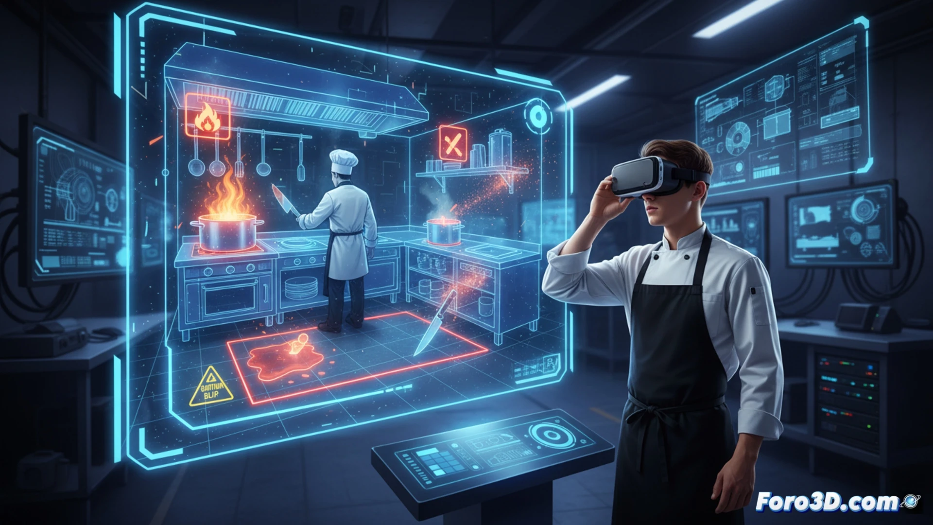 Cocina industrial 3D con ayudante virtual enfrentando riesgos de cortes quemaduras y caídas en simulador de prevención