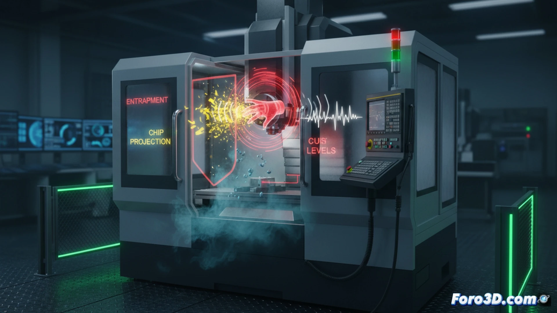 Simulación 3D de riesgos en fresado industrial con operario y máquina herramienta rotativa
