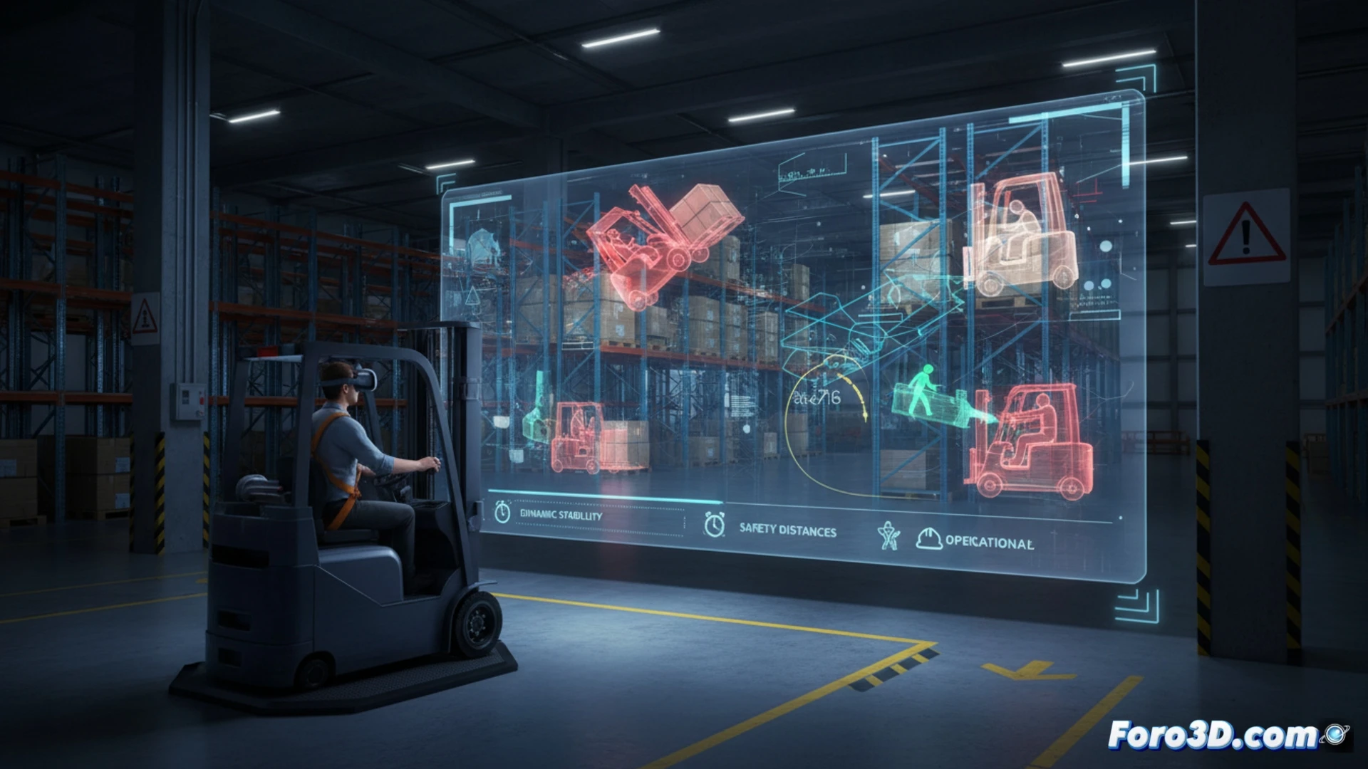 Simulación 3D de carretillero en almacén, riesgos de vuelco y atropello, prevención industrial visual