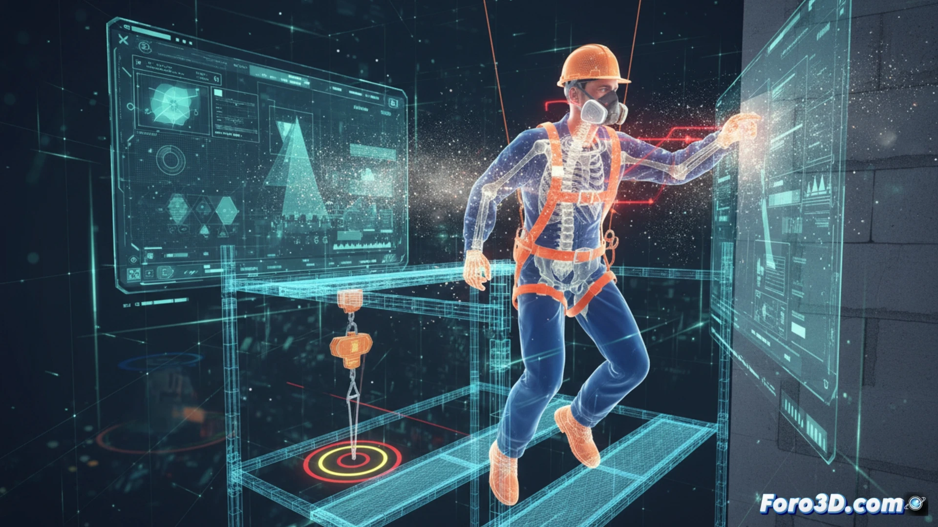 Simulación 3D de riesgos laborales de un yesero trabajando en altura sobre andamio con polvo y herramientas