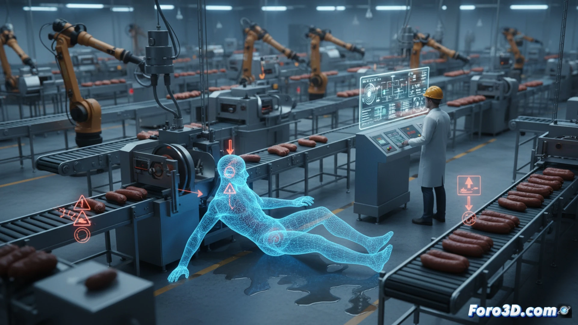 Simulación 3D de riesgos laborales en charcutería industrial con cuchillas, mezcladoras y cámaras frías